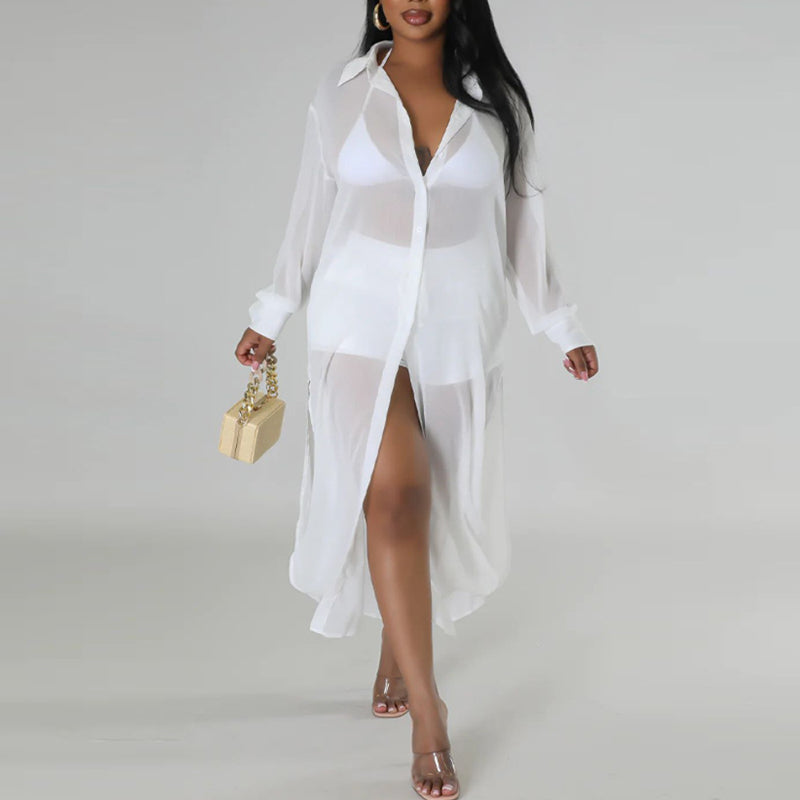 Stylish Solid Color Long Sleeve Shirt & Shorts 2-Piece Set for Women - Casual Summer Outfit, Beachwear, Lounge Wear