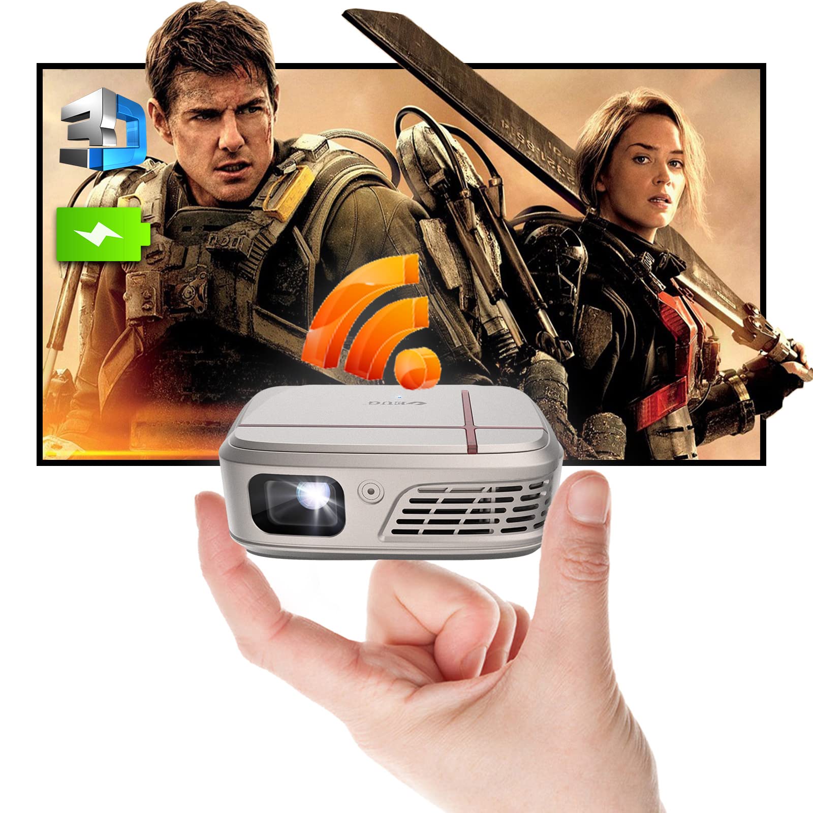 CAIWEI Pico 3D Mini Pocket Projector with Built-in Battery & Speaker - 1080P HD Portable Wireless DLP Projector for iPhone, Android, Fire Stick | USB & HDMI Input | Auto Keystone | Perfect for Home Theater, Outdoor Movies & Business Presentations