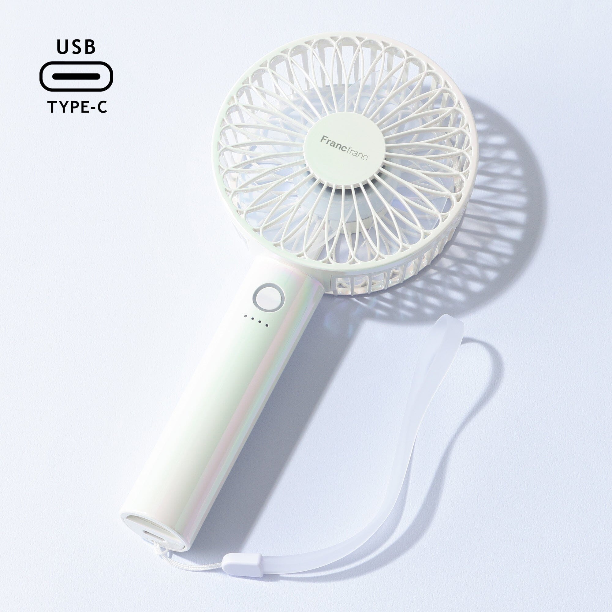FRAIS Portable Handheld Fan with LED Aurora Light - Mini USB Rechargeable Personal Fan for Travel, Office, Outdoor, and Home Use - White