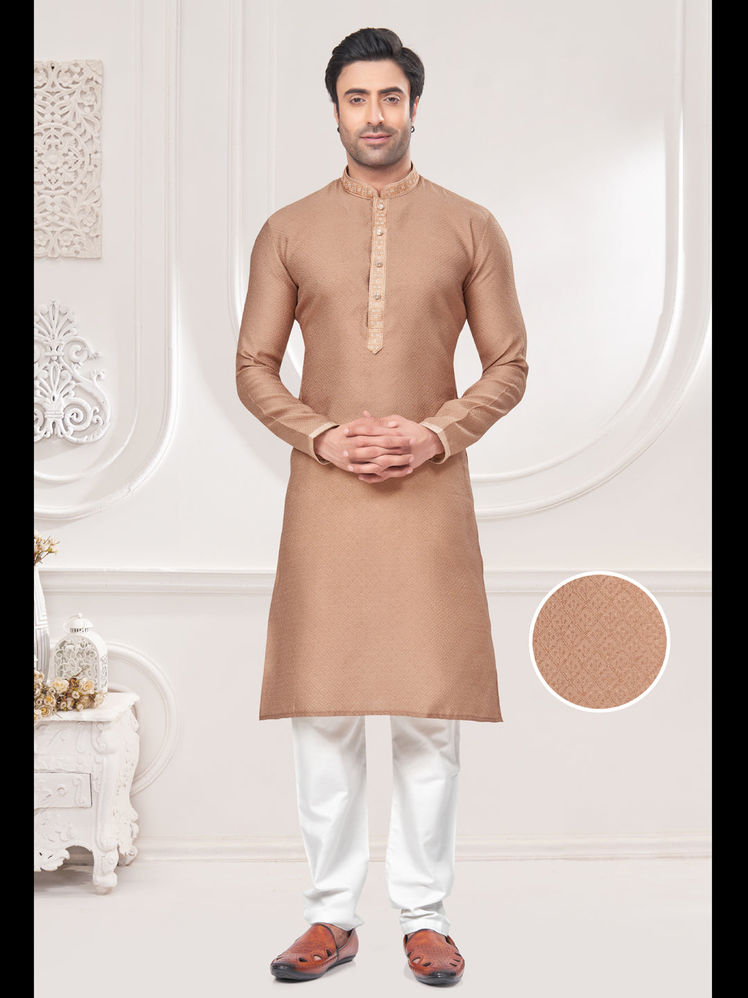 Beige Festive Kurta Pajama Set with Wevon Designer Mirror Embroidery - Elegant Ethnic Outfit for Diwali, Weddings & Special Occasions