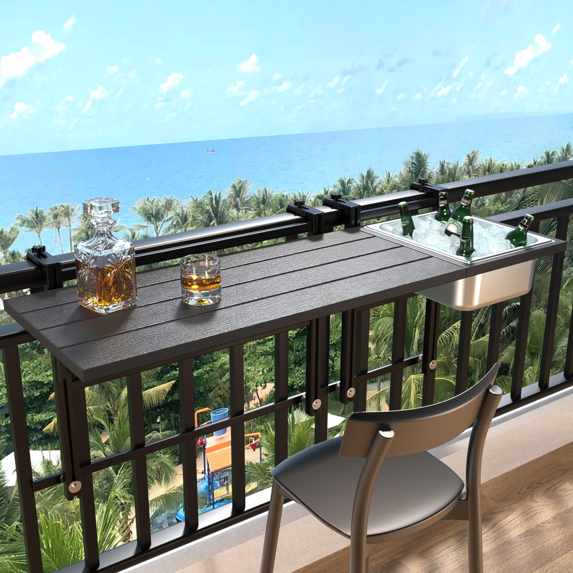 Upgraded Balcony Table - Outdoor Patio Bar Table with Durable Composite Tabletop & Aluminum Alloy Frame - Hanging Folding Adjustable Design with Removable Ice Bucket - Easy Assembly (10 Minutes) - 43.5