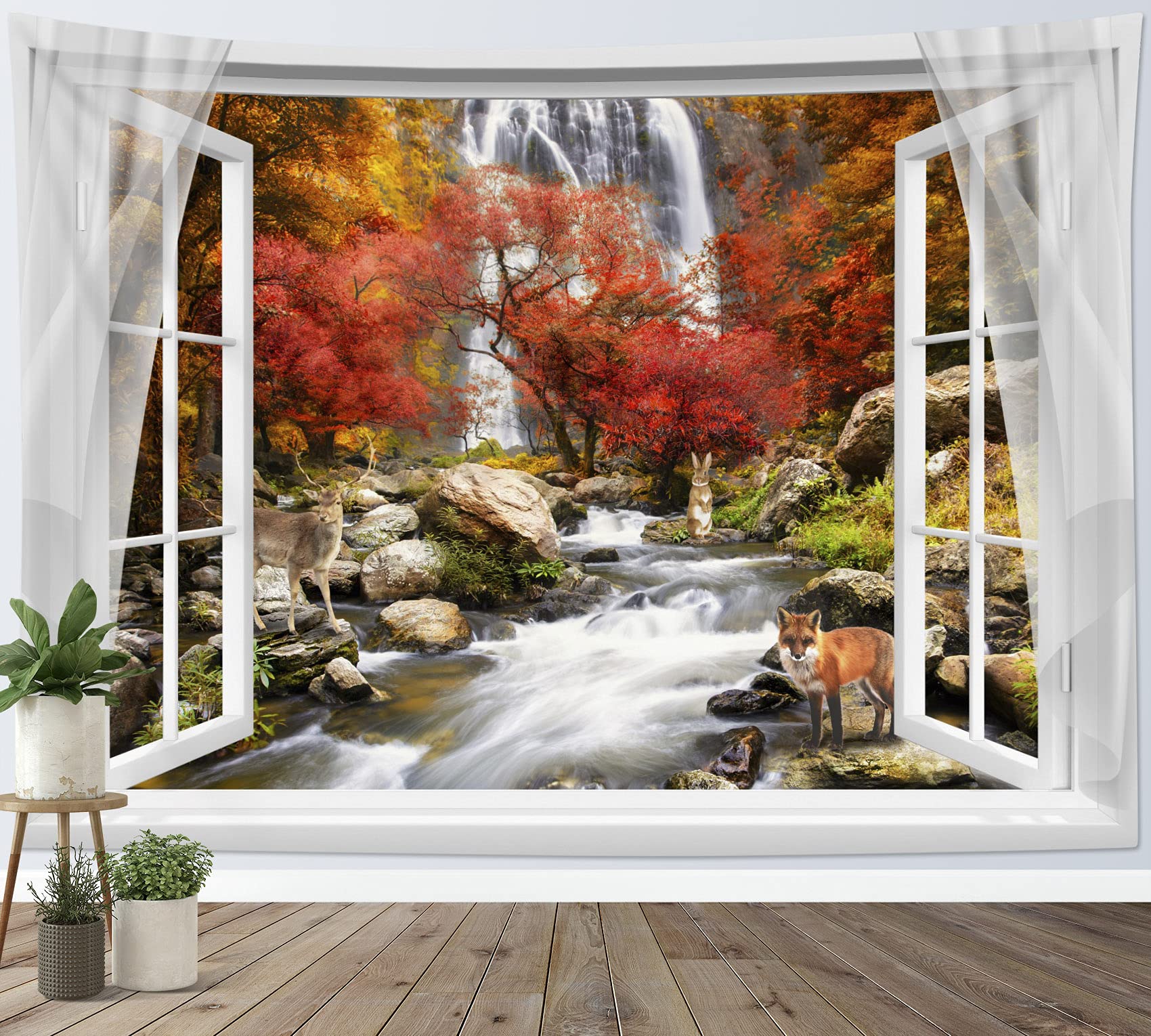 HVEST Autumn Forest Tapestry Wall Hanging - Fox Deer Maple Tree Waterfall Scenery, 60x40 Inches, Perfect for Bedroom, Living Room, Party, Dorm, and Outdoor Decor