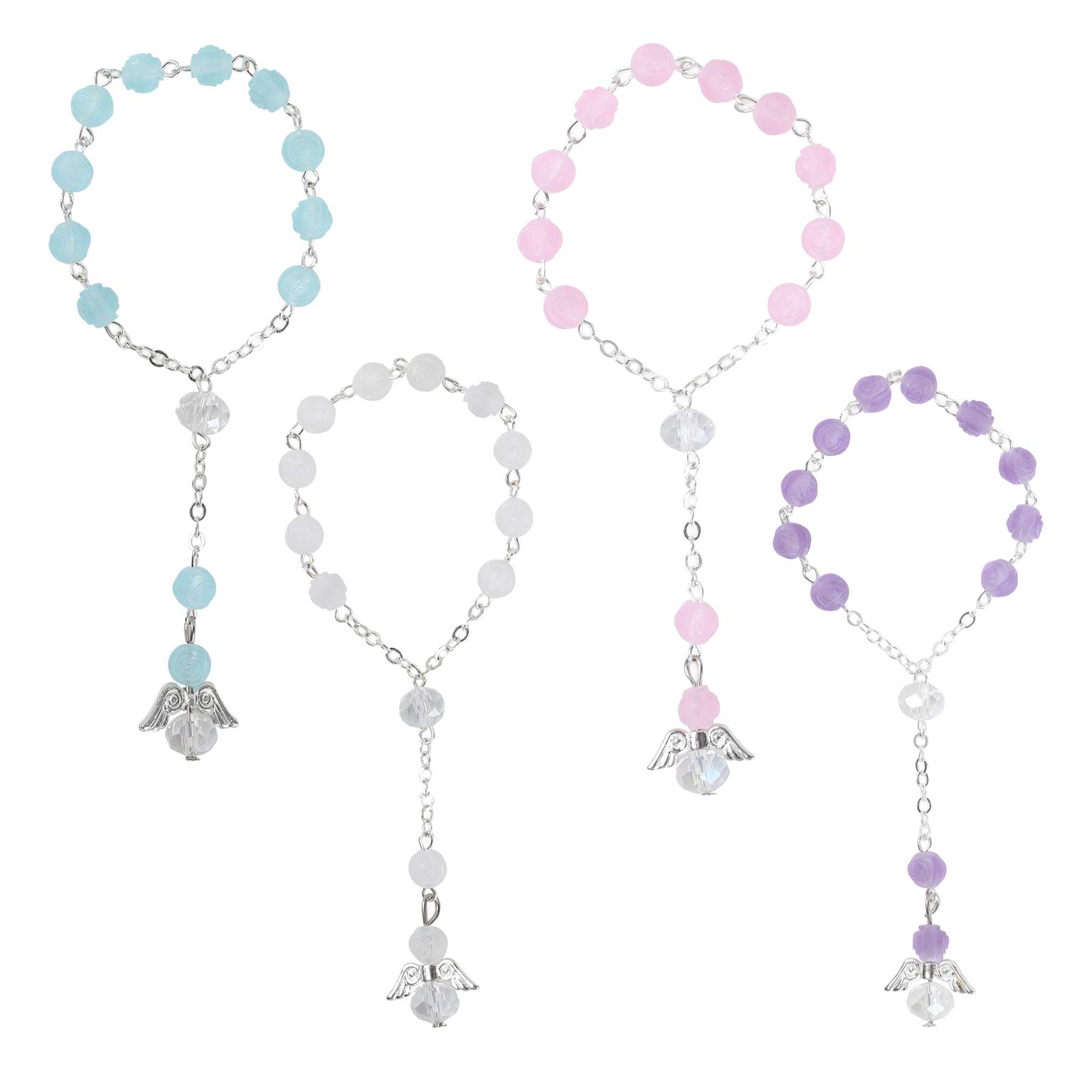 ROSABLESS 4-Piece Angel Rosary Set - Crystal Bead Baptism Favors, First Communion Gifts with Gift Bags - Perfect for Christening Ceremonies, Religious Events & Spiritual Occasions