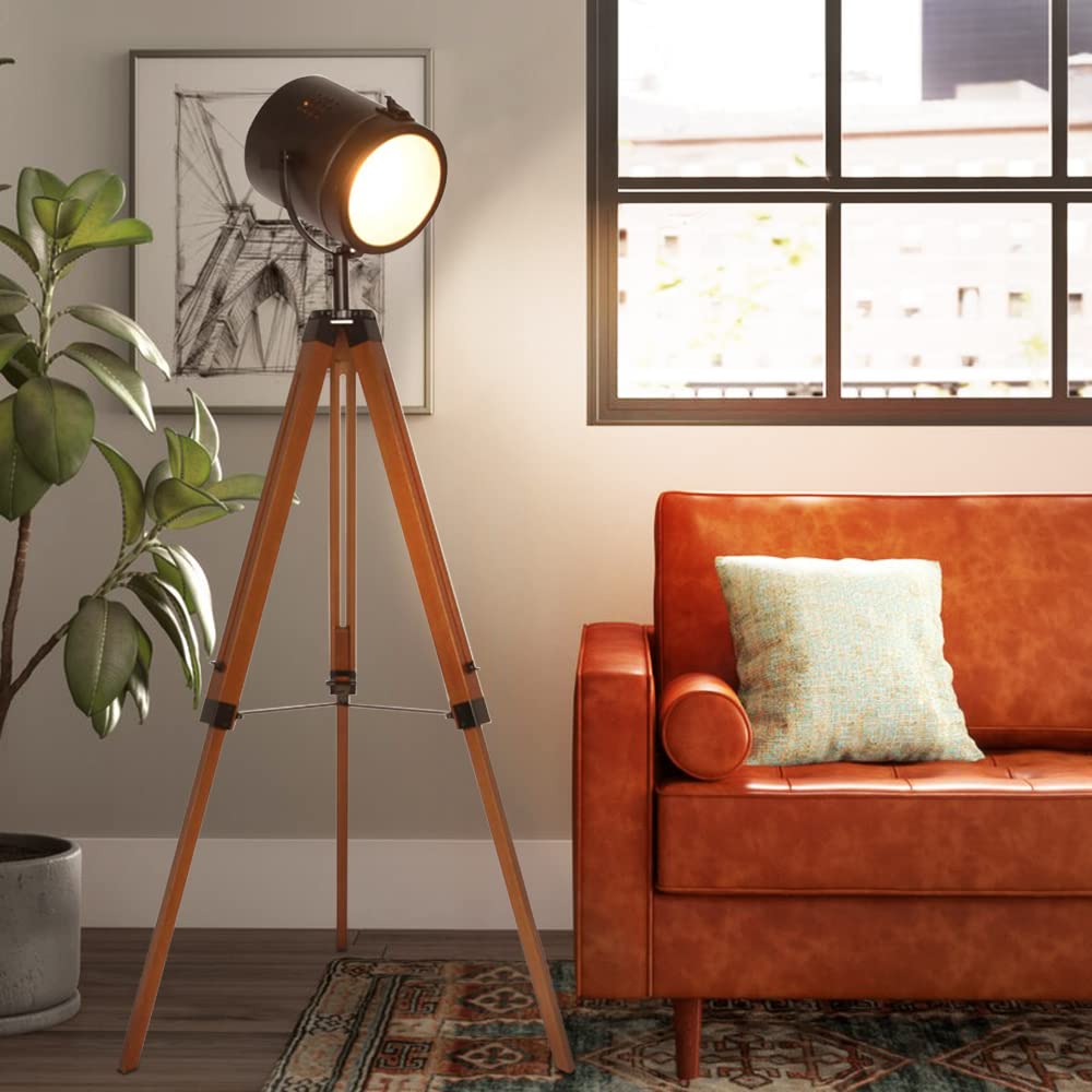 Farmhouse Tripod Floor Lamp - Industrial Adjustable Standing Light with Wooden Legs & Black Metal Spotlight, E26 Fixture for Living Room, Bedroom, Office - Perfect for Reading, Relaxing & Modern Home Decor