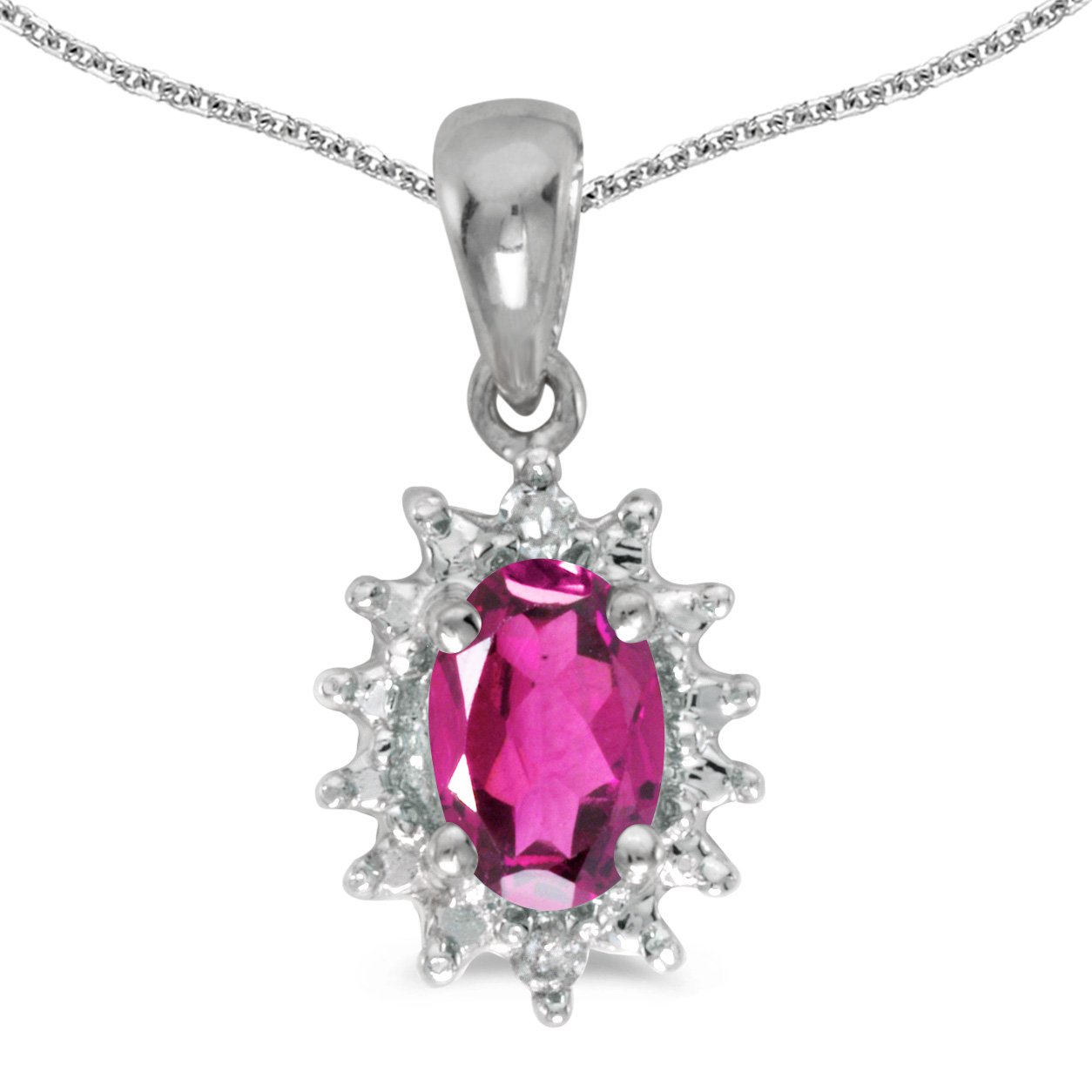 14K White Gold Oval Pink Topaz & Diamond Pendant Necklace with 18
