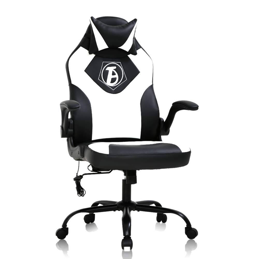 Ergonomic Gaming Chair with Lumbar Support & Headrest - High Back PU Leather Racing Office Chair, Adjustable Swivel Task Chair with Flip-up Arms for Computer Work & Gaming - White | Perfect for Home Office, Esports & Streaming Setup