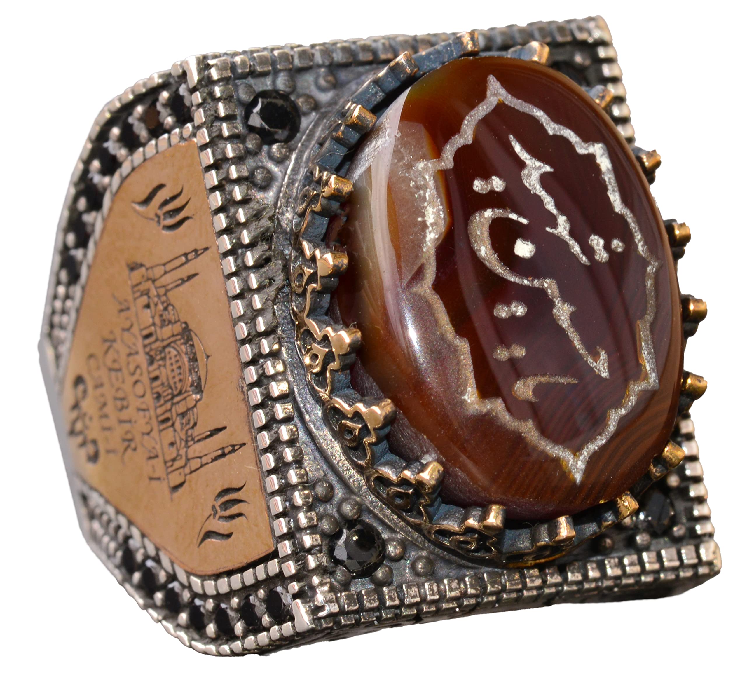 Natural Agate Gemstone Ring for Men - Sterling Silver Arabic Islamic Religious Jewelry Gift for Prayer, Eid, Wedding & Special Occasions