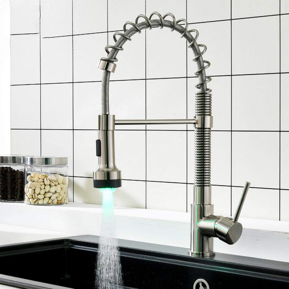 Led Spring Style Brushed Nickel Pull Down Kitchen Faucet with Brass Swivel Tap for Hot and Cold Water Mixer, Ideal for Modern Home Kitchens and Sink Upgrades