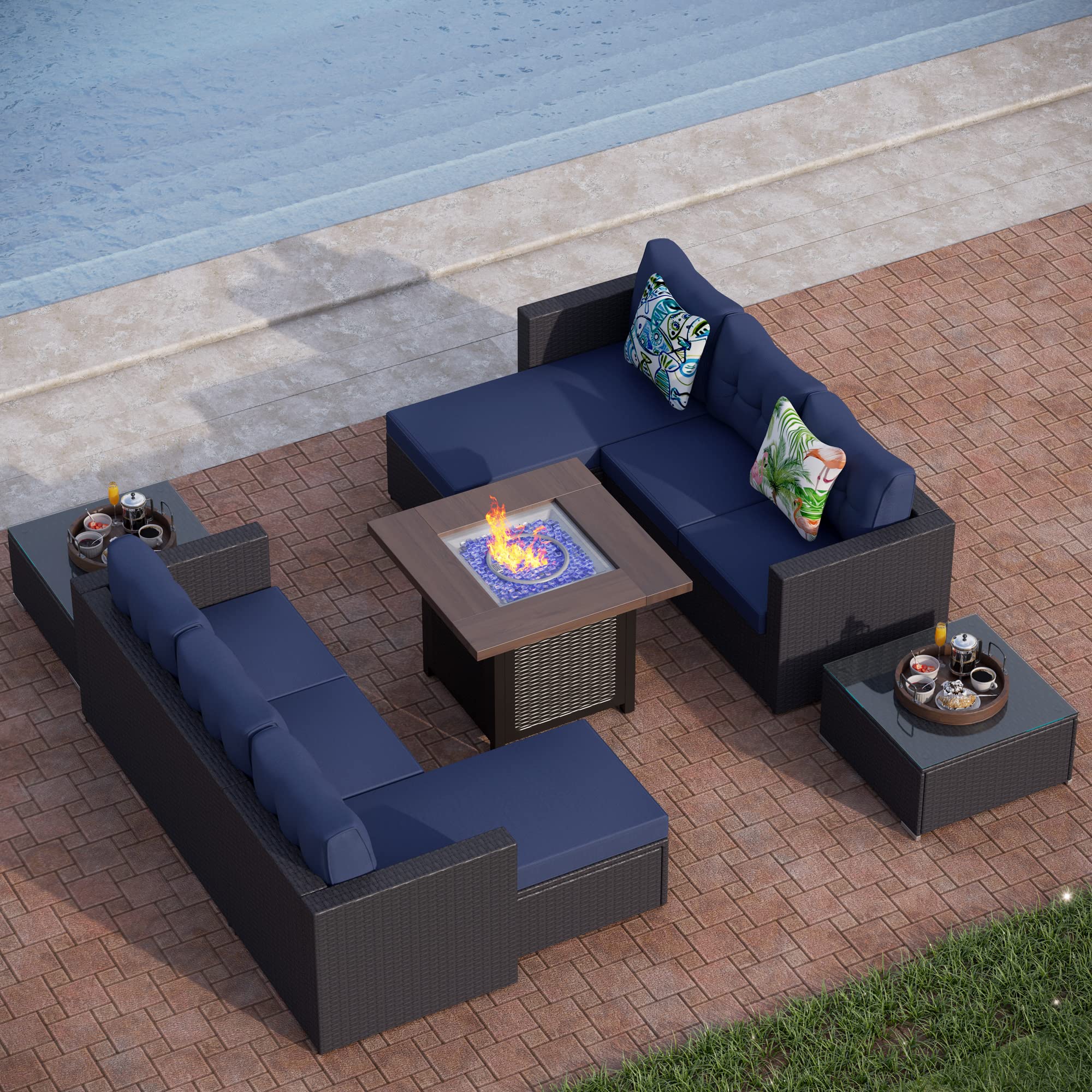 PHI VILLA 7-Piece Outdoor Patio Furniture Set with Fire Pit - Sectional Sofa, Loveseat, Couch & Coffee Table - Durable Wicker with Non-Slip Cushions - 50,000 BTU Gas Fire Pit - Navy Blue - Perfect for Backyard, Garden, Poolside & Patio Relaxation
