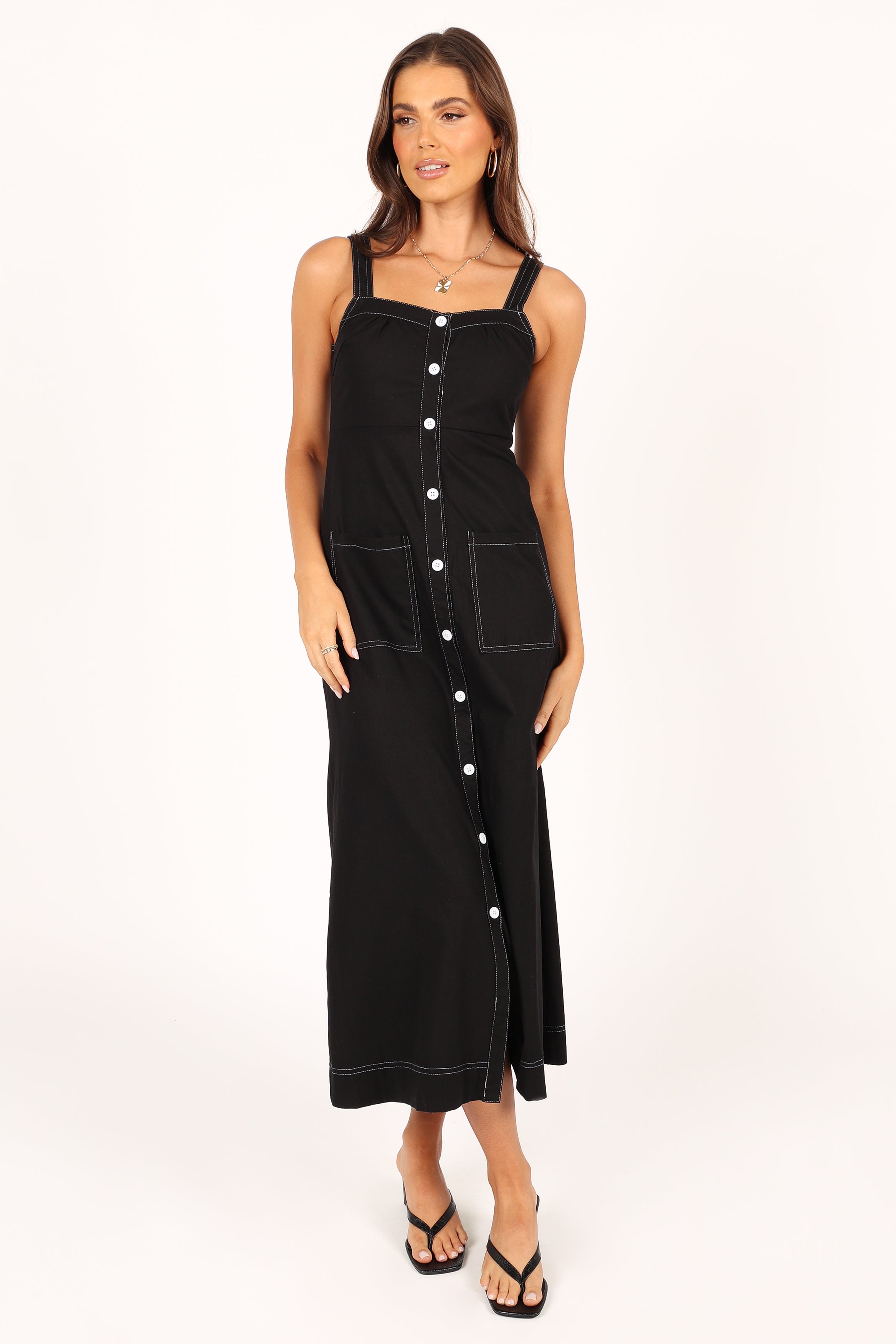 Stylish Estelle Contrast Stitch Midi Dress in Black - Perfect for Office Wear, Cocktail Parties & Date Nights