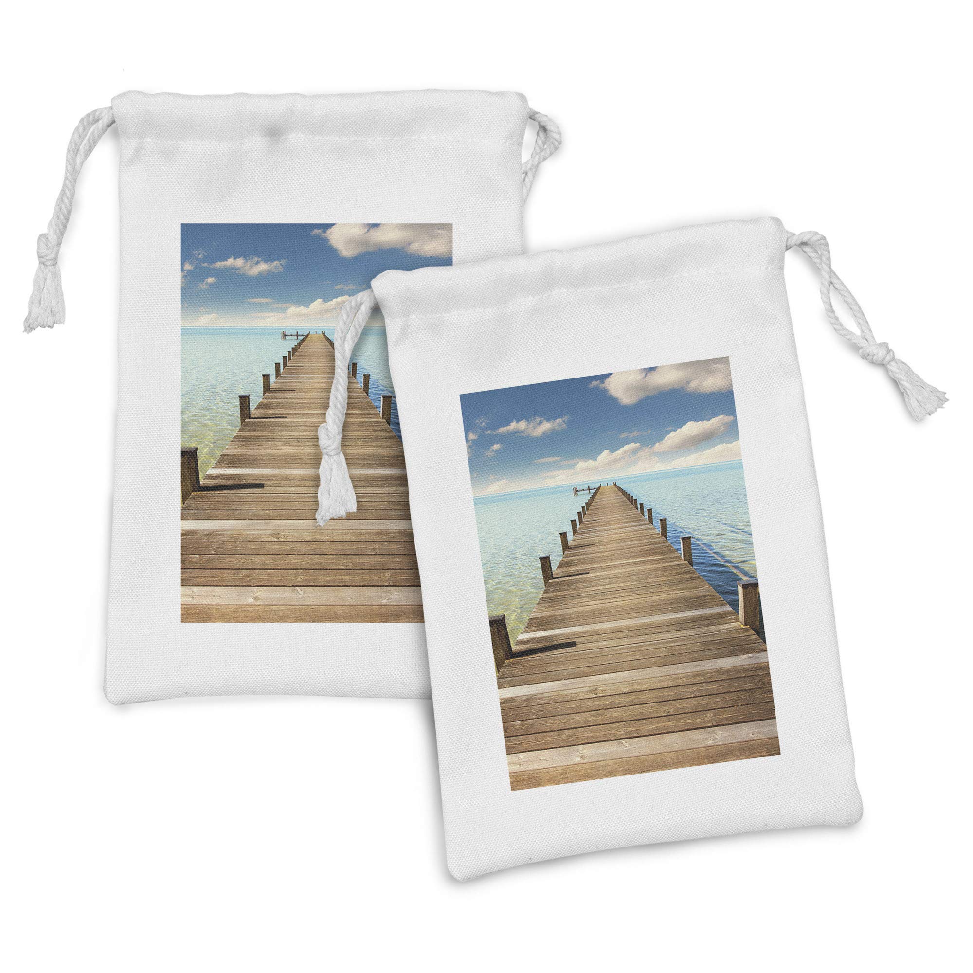 Ambesonne Wooden Bridge Fabric Pouch Set of 2 - Tropical Ocean Landscape Drawstring Bags for Toiletries, Masks & Party Favors (9