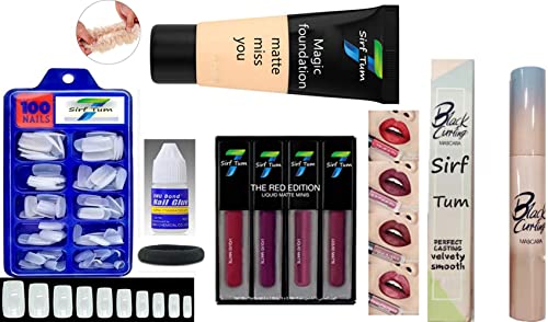 Waterproof Black Curling Mascara with Velvety Smooth Finish - Long Lasting & Smudge Proof | 4-Piece Beauty Set Includes Gloss, Nail Glue, Foundation & Hair Scrunchies (Pack of 10) | Perfect for Everyday Makeup, Special Occasions & Travel Essentials