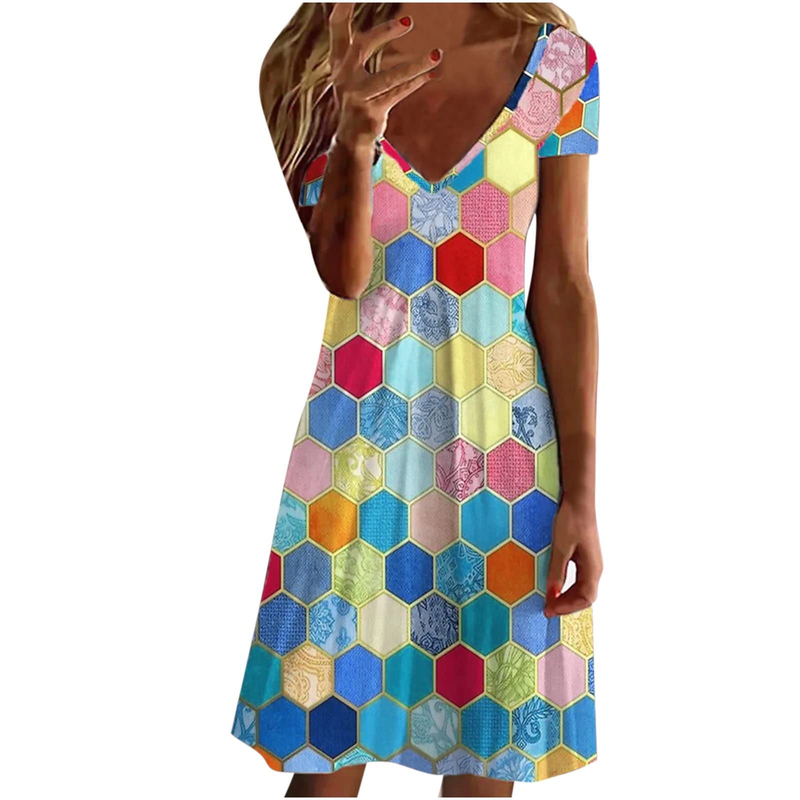 Women's Short Sleeve V-Neck Printed Mini A-Line Dress - Summer Casual Fitted Flare Sundress for Beach, Party & Everyday Wear