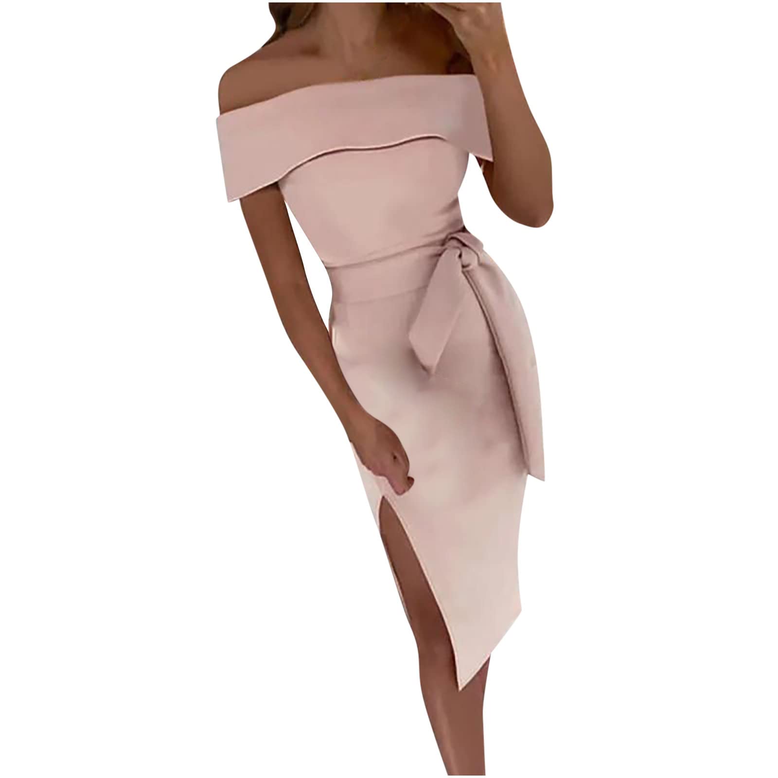 Sexy Off Shoulder Bodycon Dress for Women - Elegant Slim Bandage Party Dress with Split, Summer Solid Color Wedding Guest Dress - Perfect for Cocktail Parties, Date Nights & Special Occasions