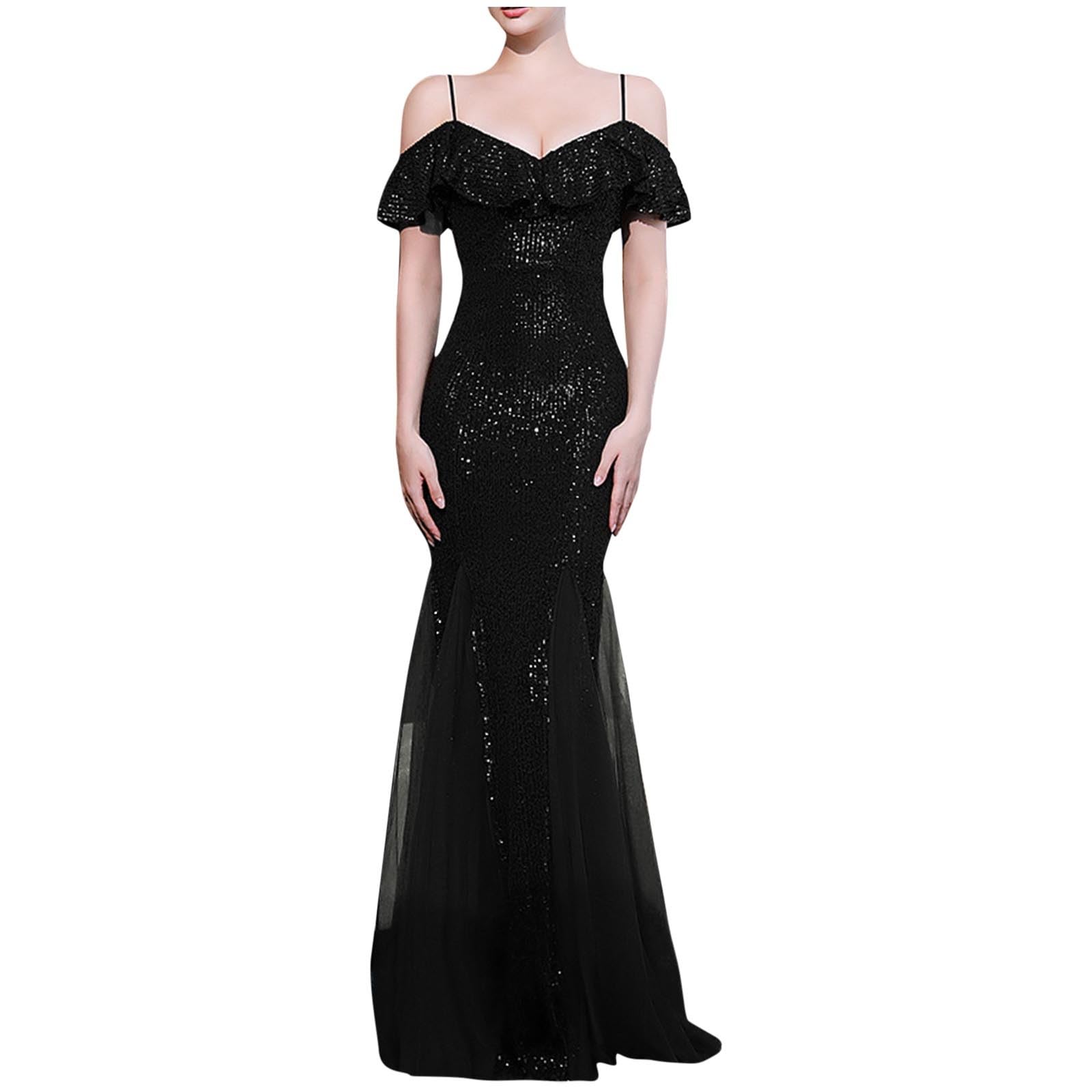 Elegant Women's Sequin Glitter Maxi Dress - Off Shoulder Ruffle Cocktail Gown for Formal Events, Parties & Prom Night | Sparkly Fishtail Long Dress for Evening Galas, Weddings & Special Occasions