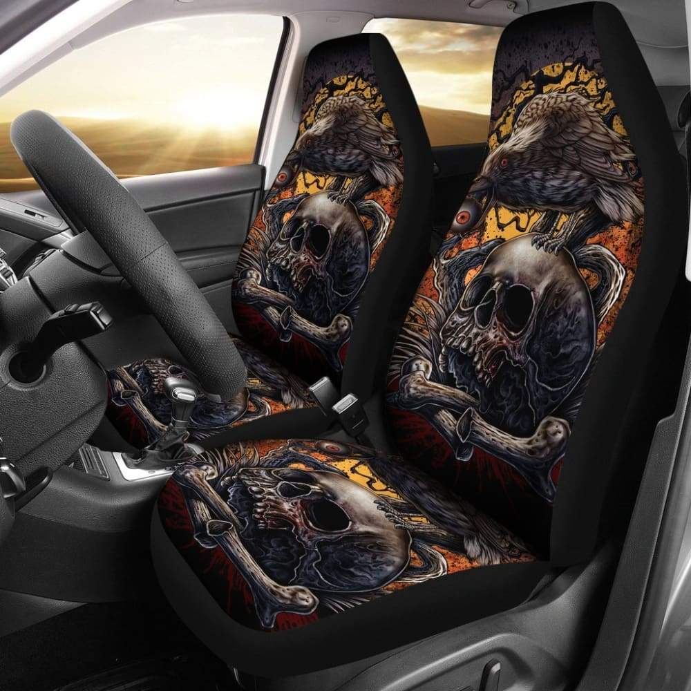 2 Pcs Gothic Skull Car Seat Covers - Universal Fit for Cars, Trucks & SUVs - Black Skull Pattern Auto Accessories for Halloween, Gothic & Punk Style Lovers - Perfect for Themed Parties, Car Shows & Everyday Use