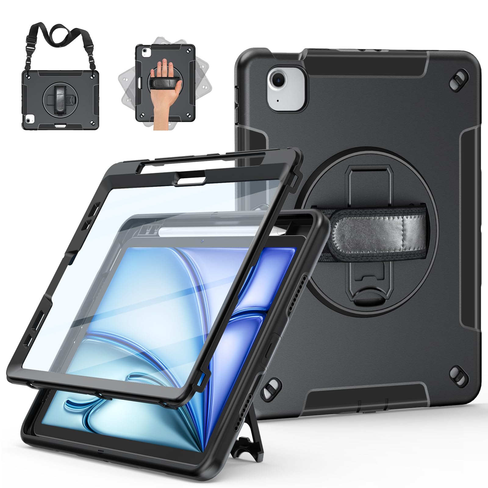 Miesherk iPad Air 11 Inch M3 2025 (7th Gen) & iPad Air 6th/5th Gen 2024 Case with Built-in Screen Protector, 360° Rotating Stand, Pencil Holder & Adjustable Shoulder Strap - Perfect for Work, Travel & School Use