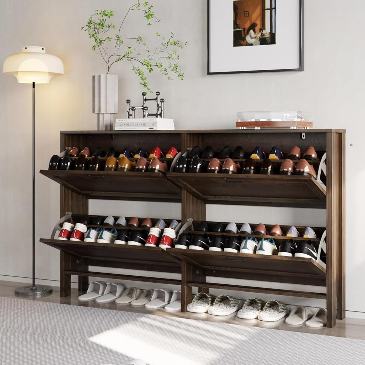 4-Drawer Flip Shoe Cabinet Organizer - Narrow Freestanding Shoe Storage for Entryway & Hallway - Hidden Shoe Rack with Space-Saving Design - Perfect for Small Spaces, Apartments & Closet Organization (Brown)