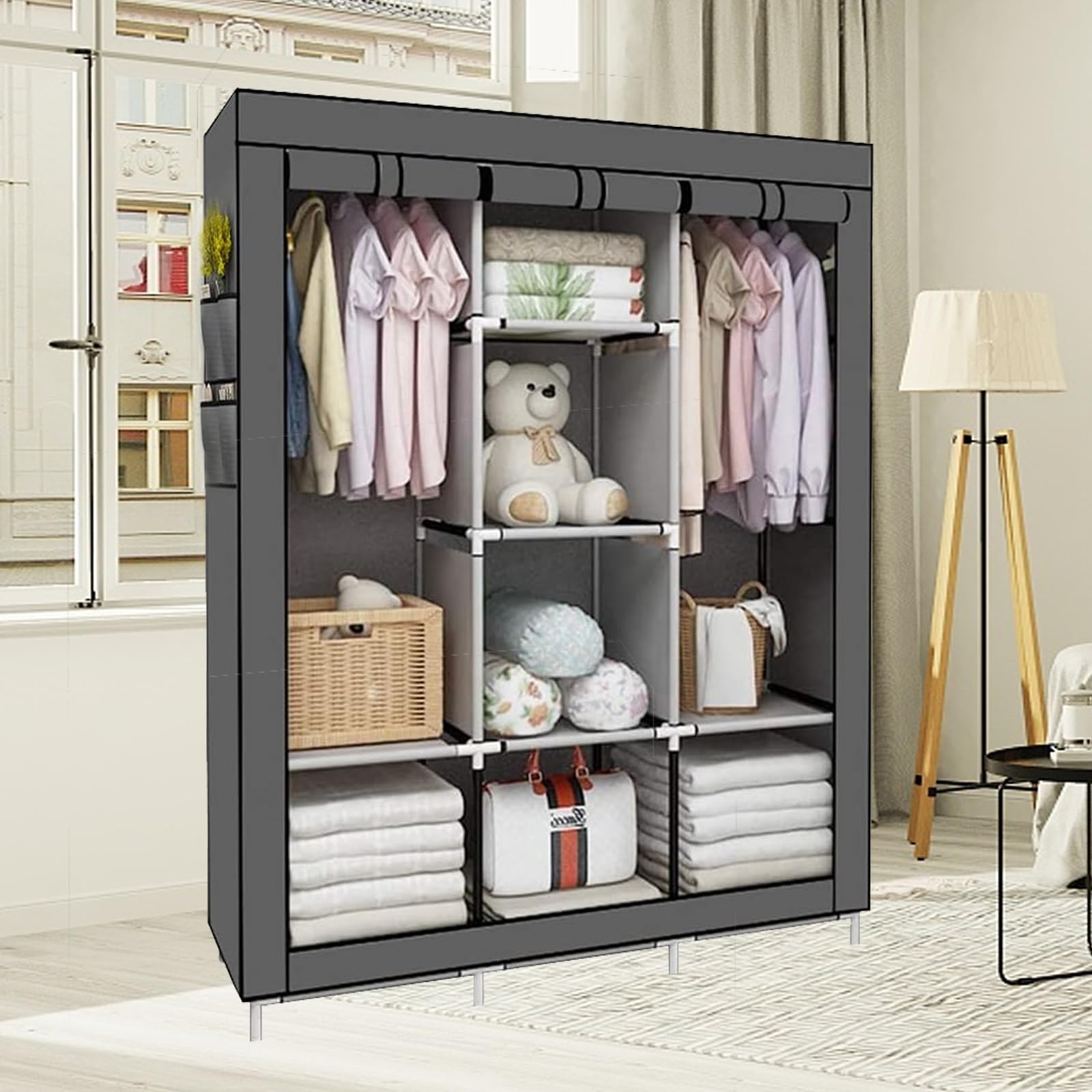 PLKO Portable Wardrobe Closet Organizer - Foldable Rolling Door Storage with Black Oxford Fabric Cover, Durable & Easy Assembly (Grey) | Perfect for Apartments, Dorms, Travel & Temporary Closet Solutions