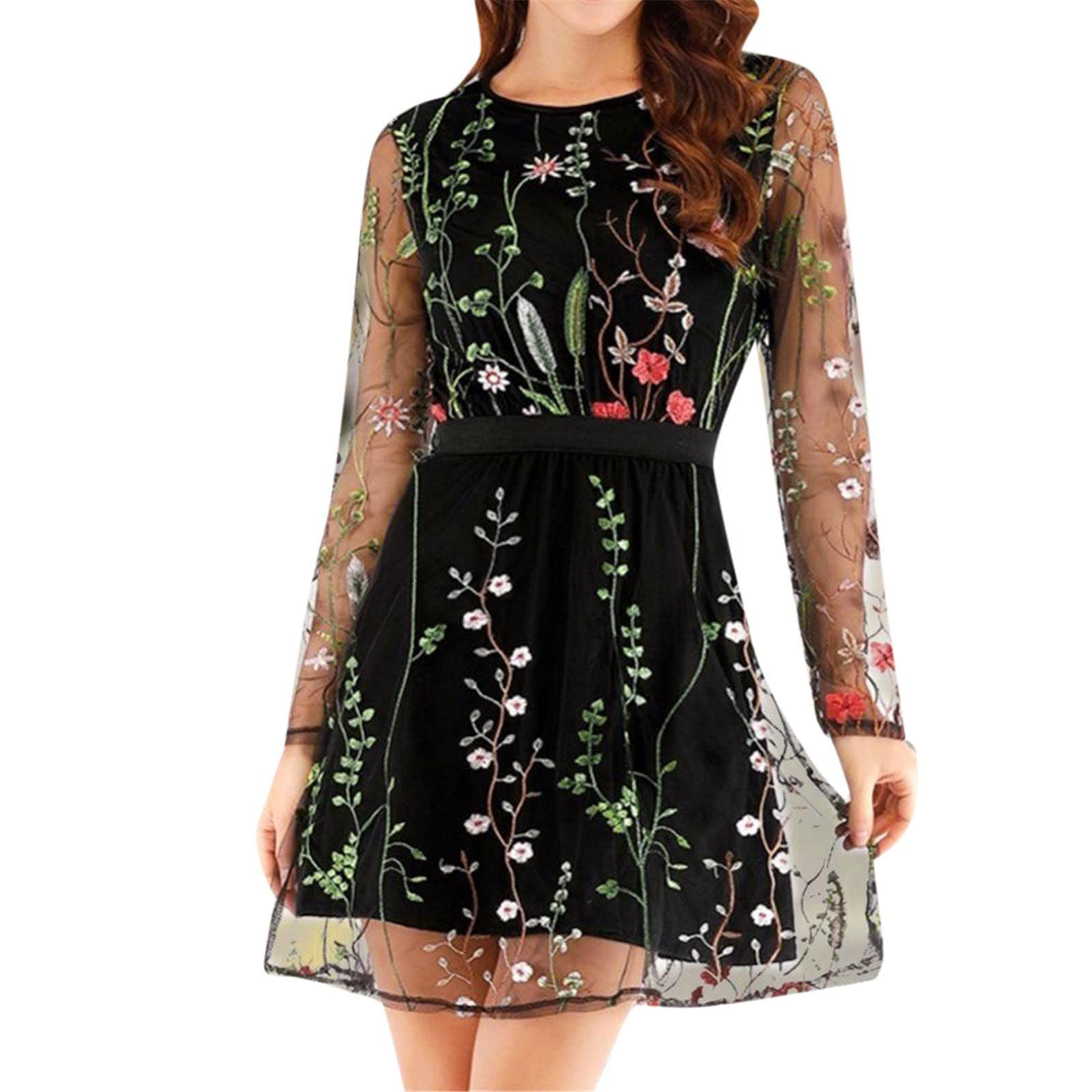 Women's Floral Embroidered Chiffon Dress with Mesh Crew Neck & Bishop Sleeves - Elegant Summer Party Tunic for Weddings, Garden Parties & Special Occasions