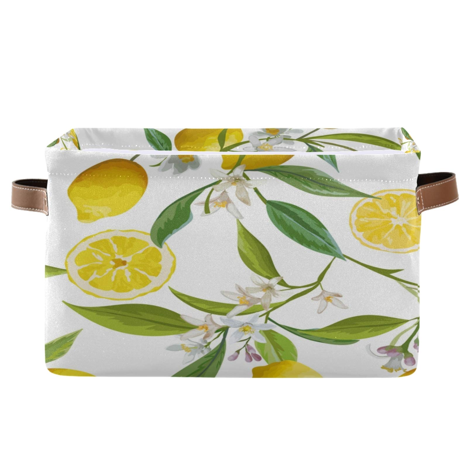 ALAZA Decorative Storage Basket - Rectangular Woven Bin with Leather Handles, Lemon Floral Pattern Organizer for Home Office - Perfect for Blanket Storage, Magazine Holder & Bathroom Organization