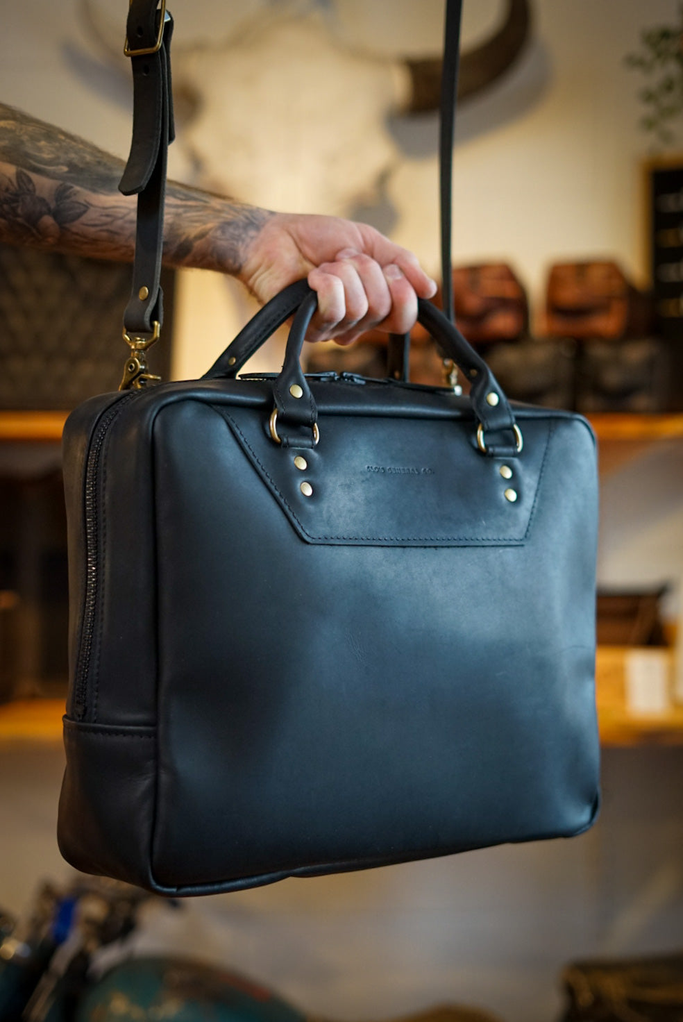 Professional Business Bag for Men & Women - Flat Black with Brush Brass Hardware - Stylish Work Tote for Office, Commute & Business Travel