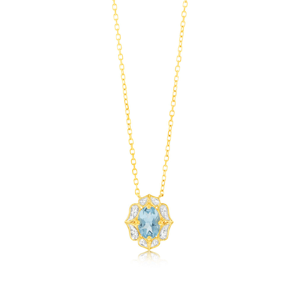 0.55 Carat Blue Topaz Oval & Diamond Pendant with 45cm 9K Yellow Gold Chain - Elegant Jewelry Gift for Women, Perfect for Anniversaries & Special Occasions