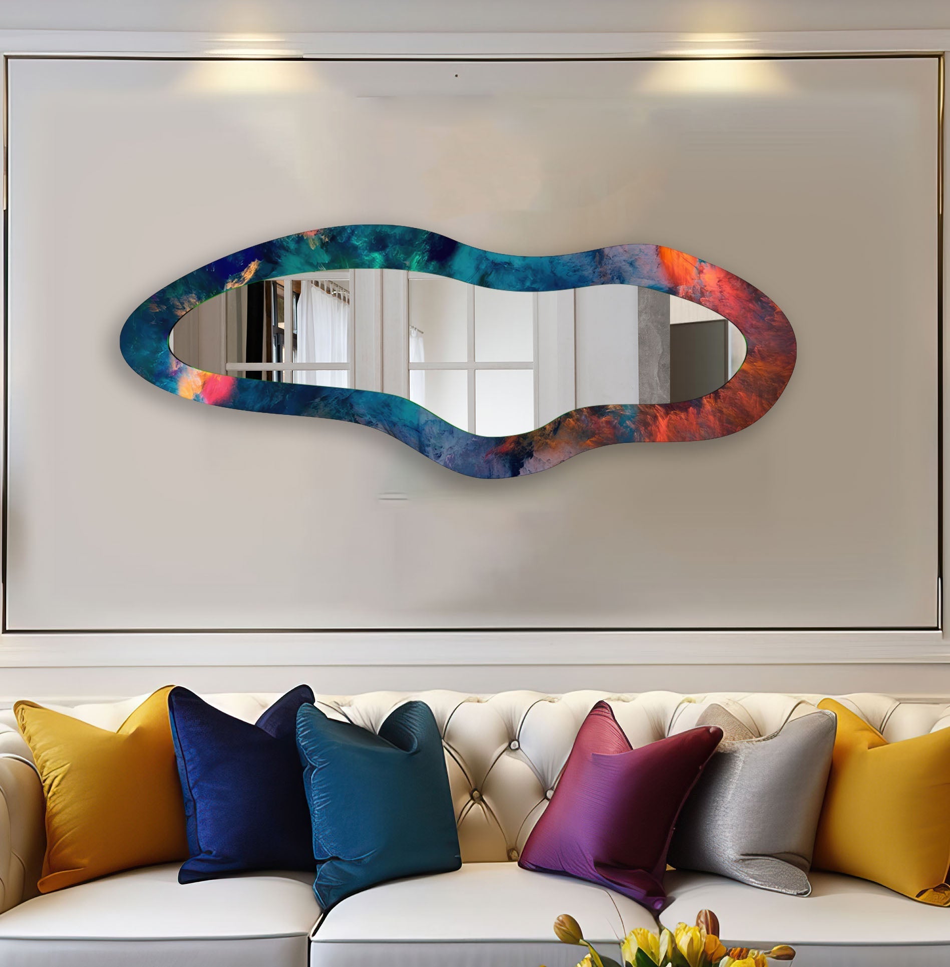 Blue Abstract Modern Glass Wall Mirror - Elegant Home Decor for Living Room, Bedroom & Entryway