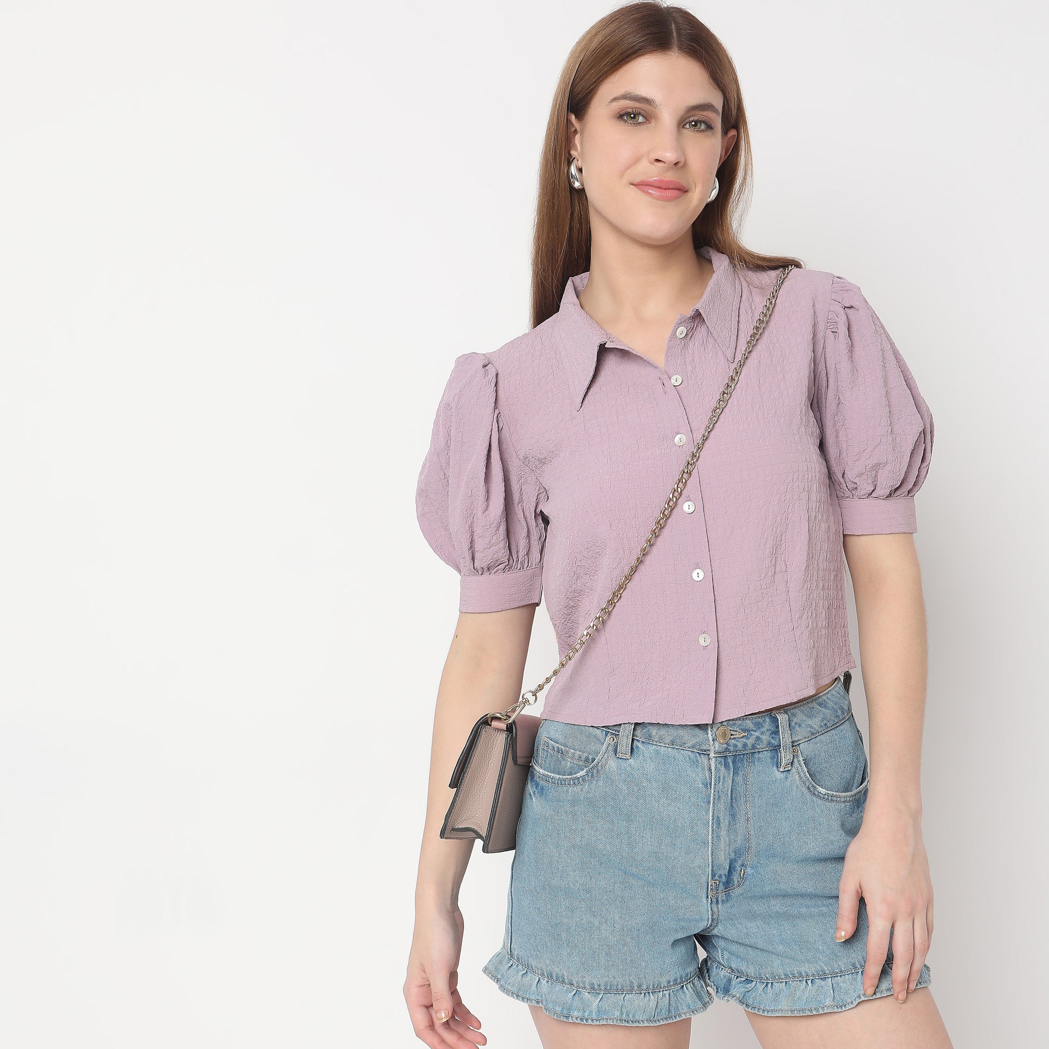 Stylish Cropped Shirt Collar Betty Puff Sleeve Top for Women | Trendy Summer Blouse | Perfect for Casual Outings, Dates & Office Wear