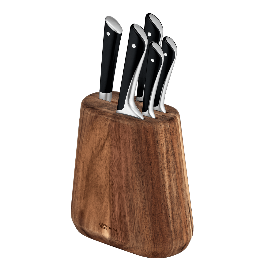 Jamie Oliver by Tefal 5-Piece Knife Block Set - Premium Kitchen Knives with User Manual & FAQ - Perfect for Home Cooking, Meat Cutting & Vegetable Chopping