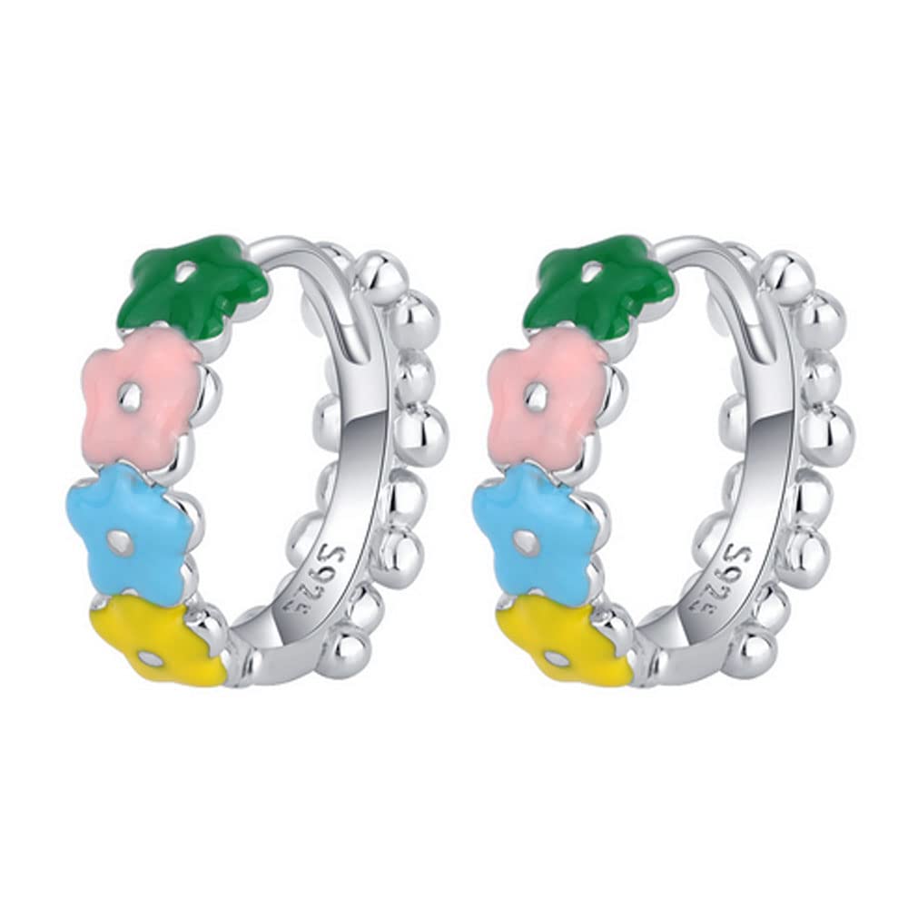 Vibrant Rainbow Colorful Flower Hoop Earrings - 925 Sterling Silver Tiny Small Huggie Hoops for Women & Girls - Cute Cartilage Clip Sleeper Earrings - Perfect Birthday Gift for Best Friend - Ideal for Everyday Wear, Parties & Special Occasions