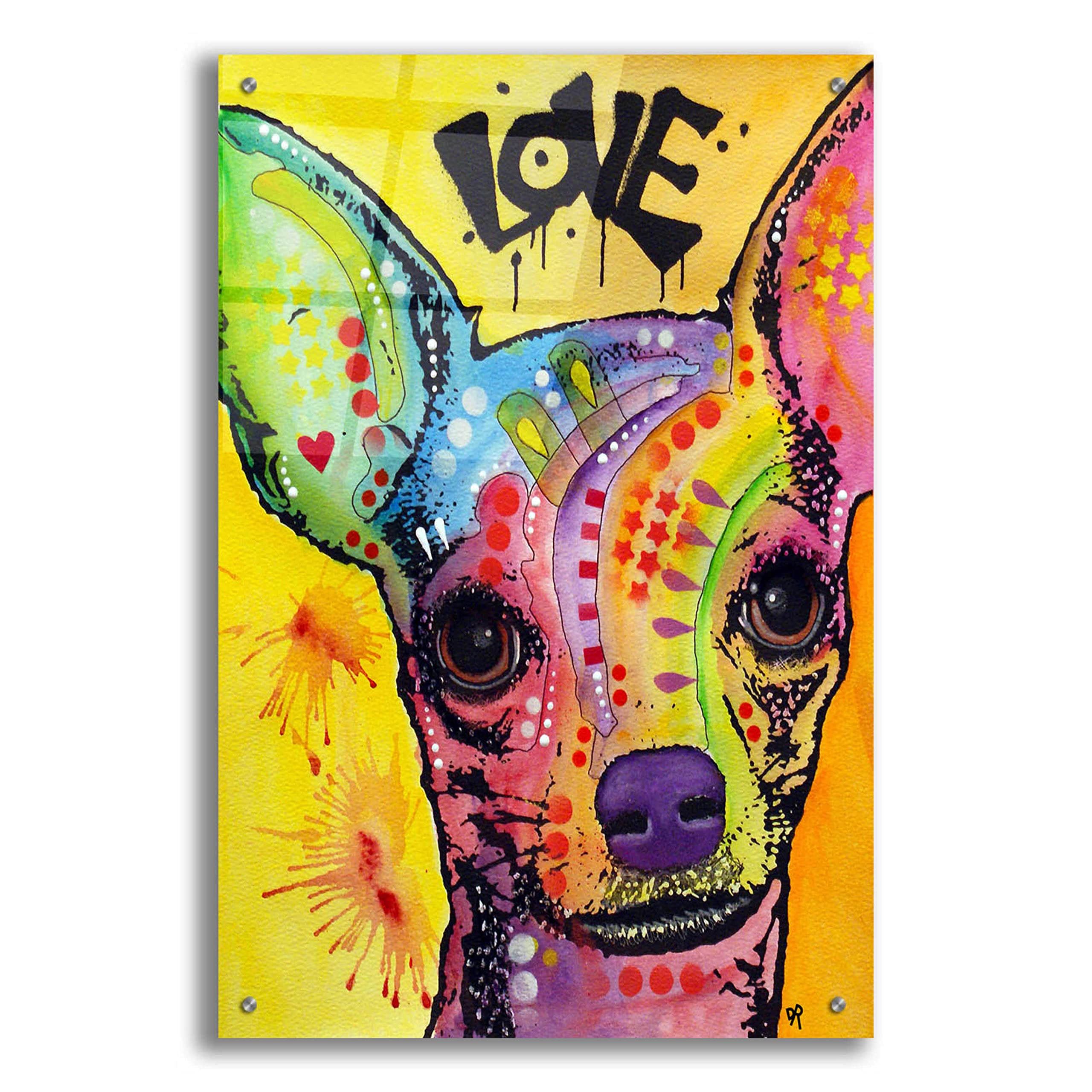 Dean Russo 'Chihuahua Drip Love' Acrylic Glass Wall Art - 24x36 Inches Modern Dog Painting for Living Room, Bedroom & Office Decor