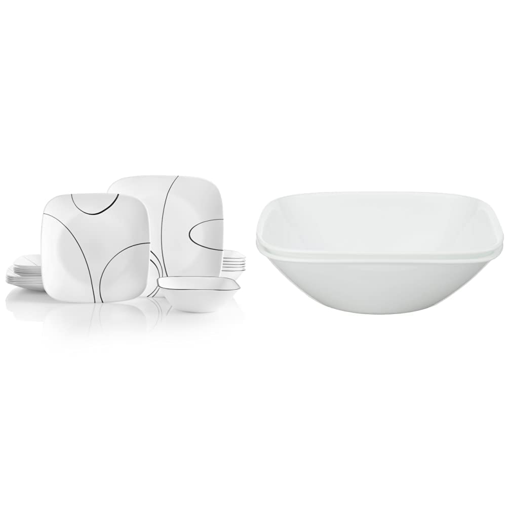Corelle 18-Piece Dinnerware Set for 6 - Chip Resistant Square Pure White Plates, Bowls & Mugs - Includes 2-Piece 1-Quart Serving Bowls - Perfect for Everyday Use, Family Dinners & Entertaining Guests