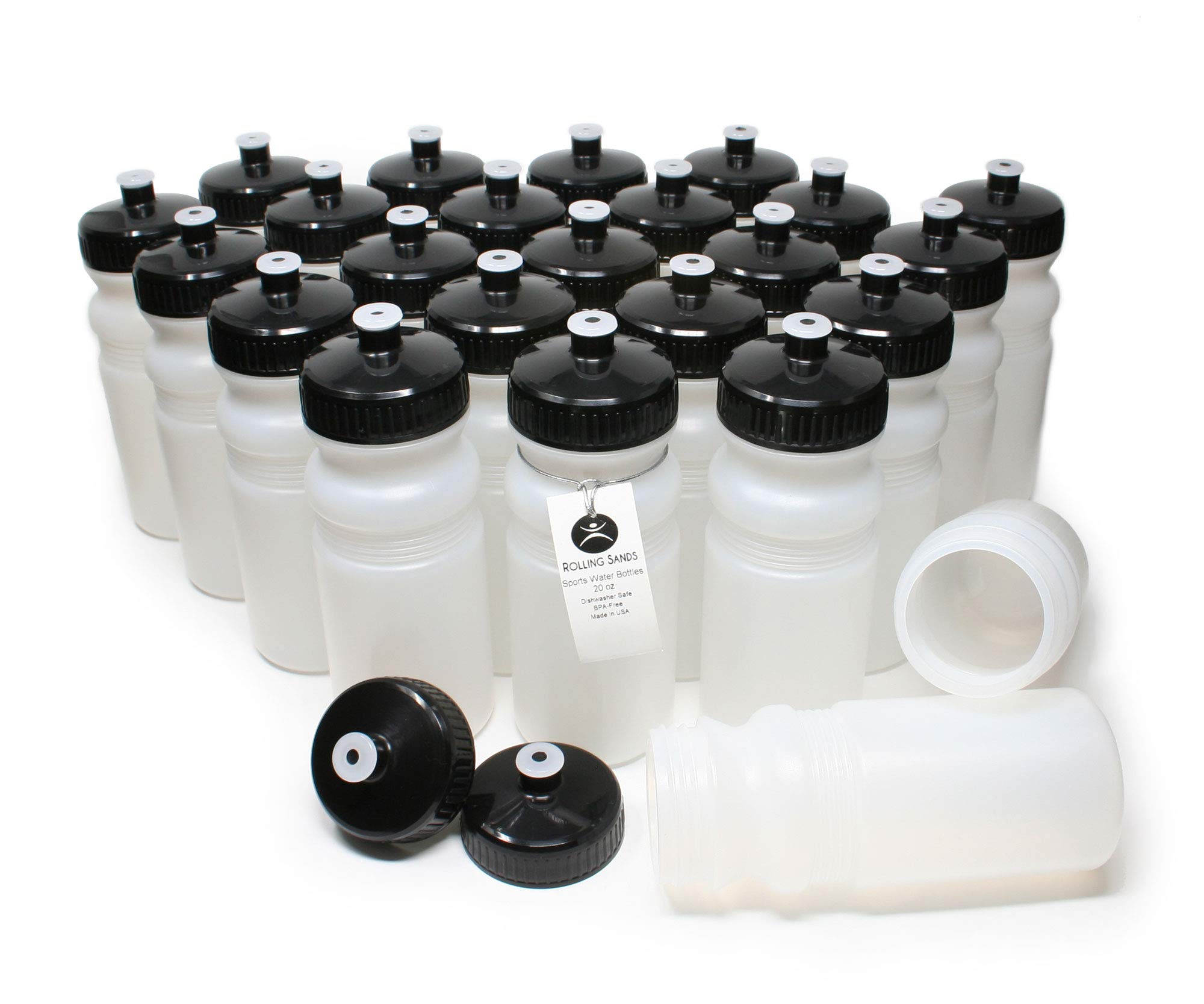 Rolling Sands 20oz BPA-Free Sports Water Bottles 24 Pack - Clear Frost Bottles with Black Lids | Dishwasher Safe, Made in USA | Perfect for Gym, Hiking, Camping & Office Use