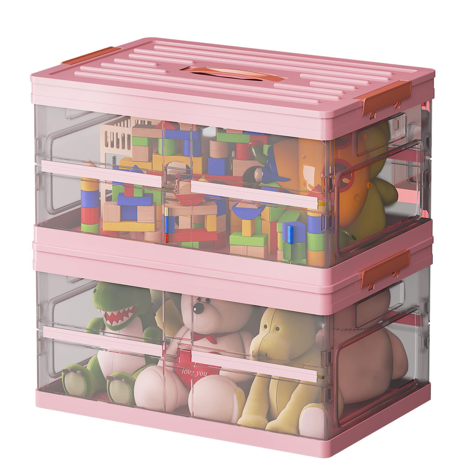 Wisdom Star 2 Pack Clear Plastic Collapsible Storage Bins with Lids - Foldable Stackable Organizing Containers for Home, Office, Closet & Nursery (Pink)