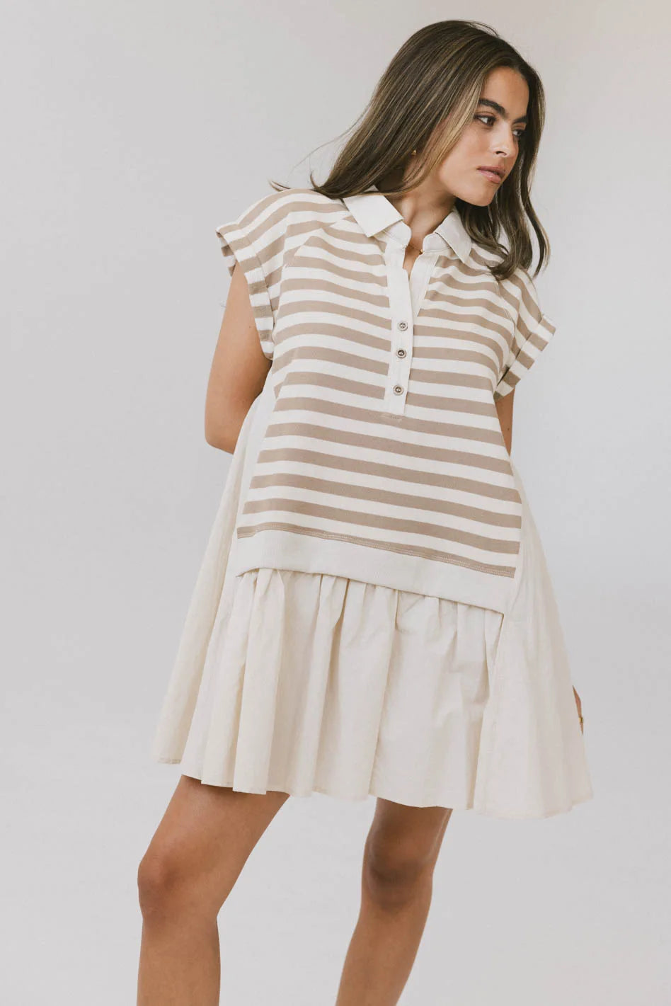 Evan Collared Mini Dress in Taupe - Women's Vintage Style Short Sleeve A-Line Dress for Casual Wear, Office, Date Night & Special Occasions - FINAL SALE