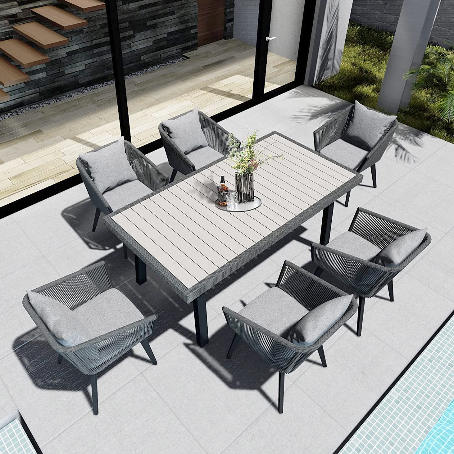 7-Piece All-Weather Outdoor Dining Set for 6 - Patio Furniture with Cushions & Pillows, Wicker Table and Chairs in Grey - Perfect for Backyard BBQs, Garden Parties & Poolside Entertaining