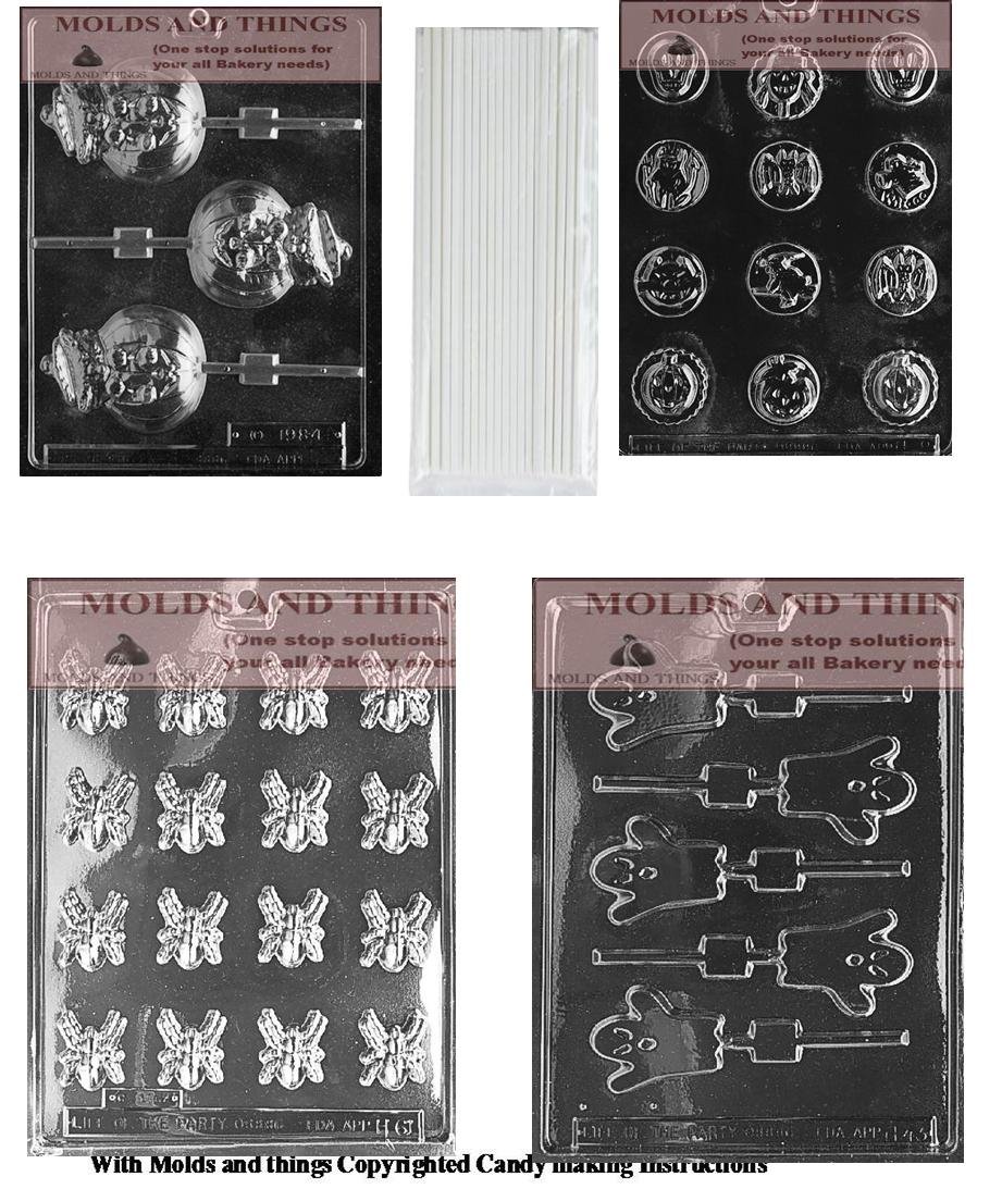 Halloween Chocolate Candy Molds Set - Cat in Jack O'Lantern, Spider, Small Ghost Lollipop & Mints Silicone Molds with Instructions for DIY Candy Making - Perfect for Halloween Parties, Trick or Treat Favors & Holiday Baking