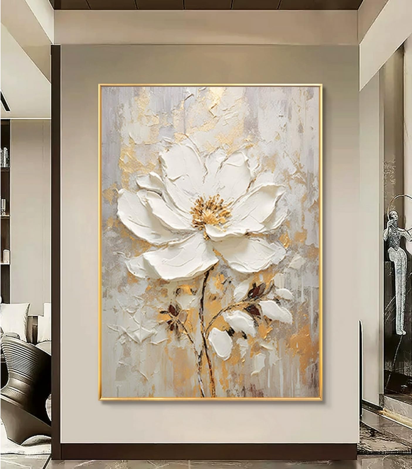 Large 3D Flower Canvas Wall Art - Hand-Painted Oil Painting Floral Decor for Bedroom, Living Room & Office - Framed Modern Home Decoration 32x48 Inches - Perfect for Housewarming Gifts & Interior Design