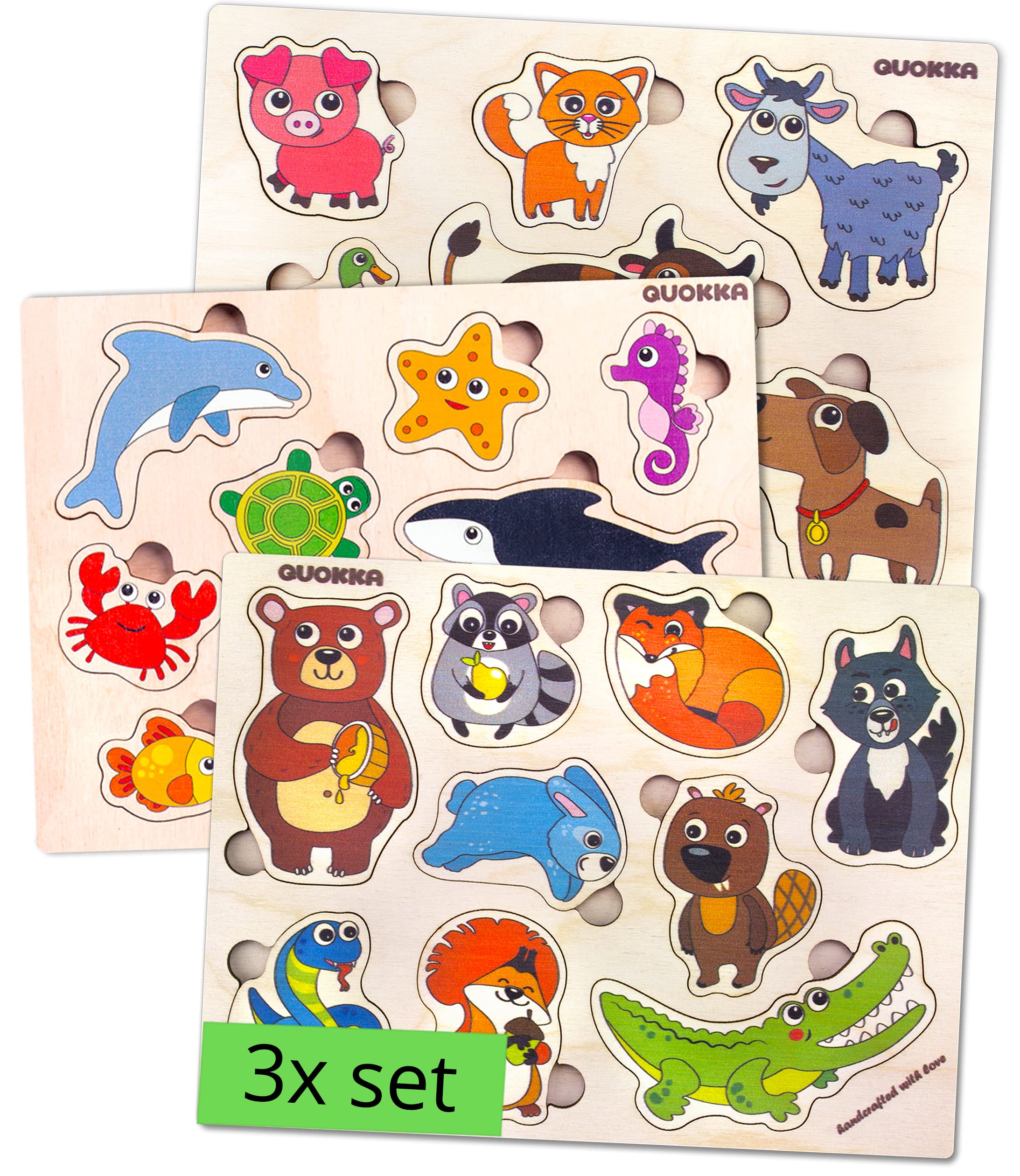 Best Wooden Puzzles for Toddlers Ages 1-5 – Educational Animal Peg Puzzles for Kids 2-4 Years – Montessori Learning Toys by Quokka – Set of 3 Travel-Friendly Wooden Games – Perfect Gift for Boys & Girls – Ideal for Preschool Learning, Travel Entertainment & Early Childhood Development