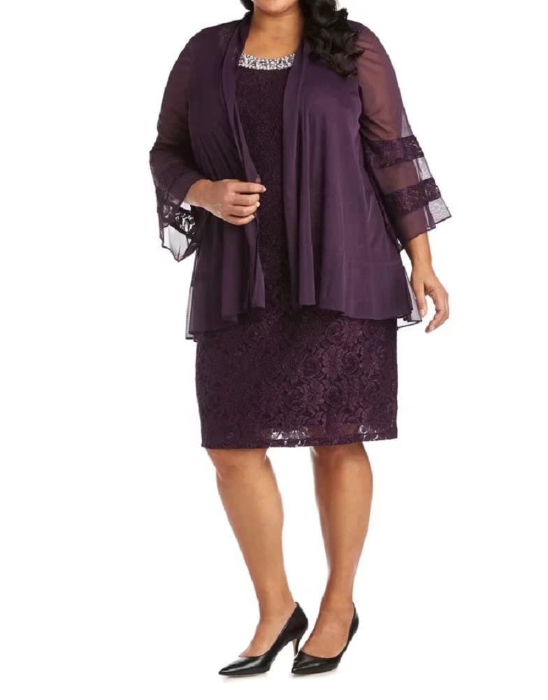 Elegant Plus Size 2-Piece Chiffon Mother of The Bride Dress Set with Bell Sleeves & Jacket - Knee Length Formal Outfit for Weddings, Parties & Special Occasions