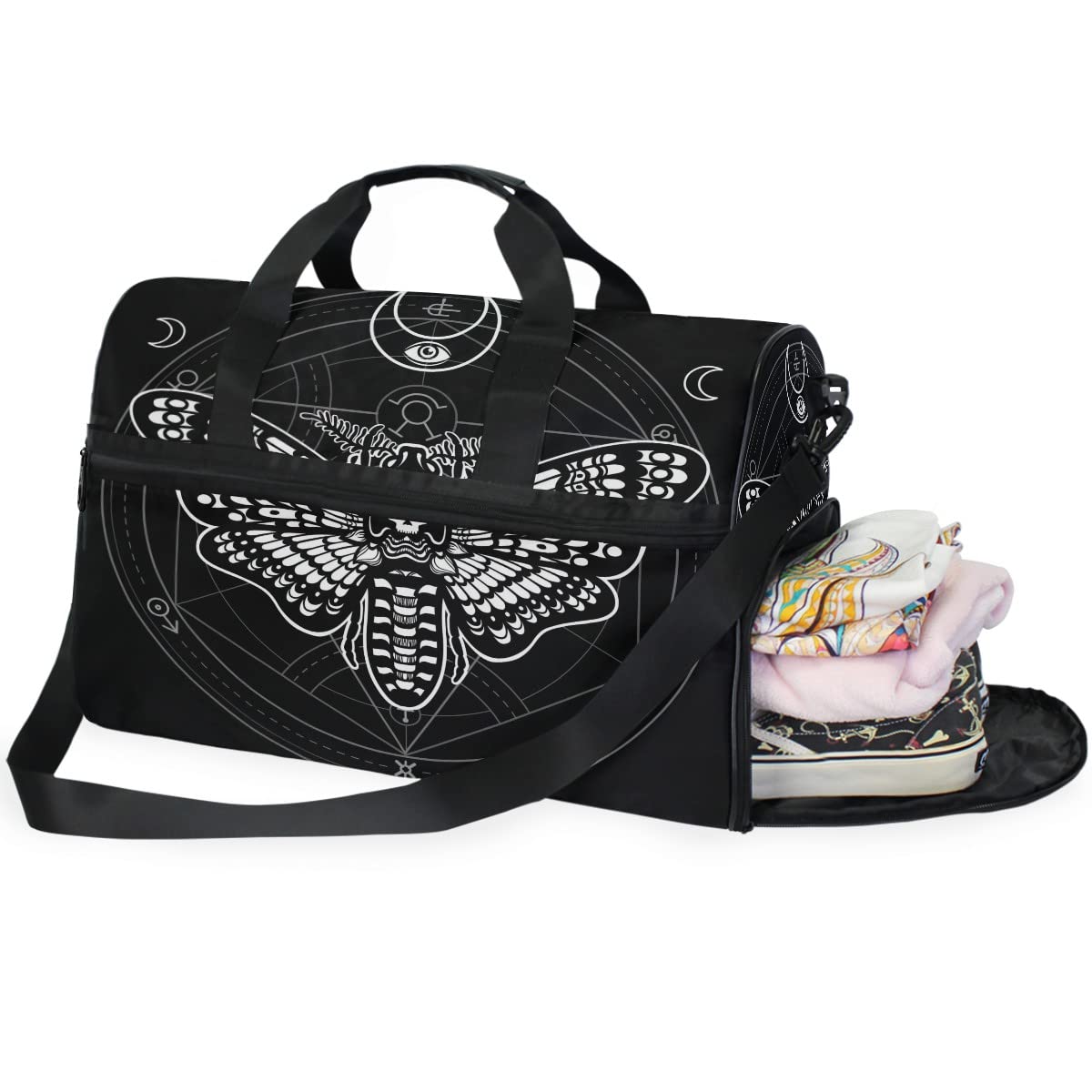 Black Skull Moth Travel Duffel Bag - Waterproof Sports Gym Bag with Adjustable Strap for Men & Women - Perfect for Weekend Trips, Overnight Travel & Workout | Durable Carry-On Bag for Airplane, Camping & Fitness