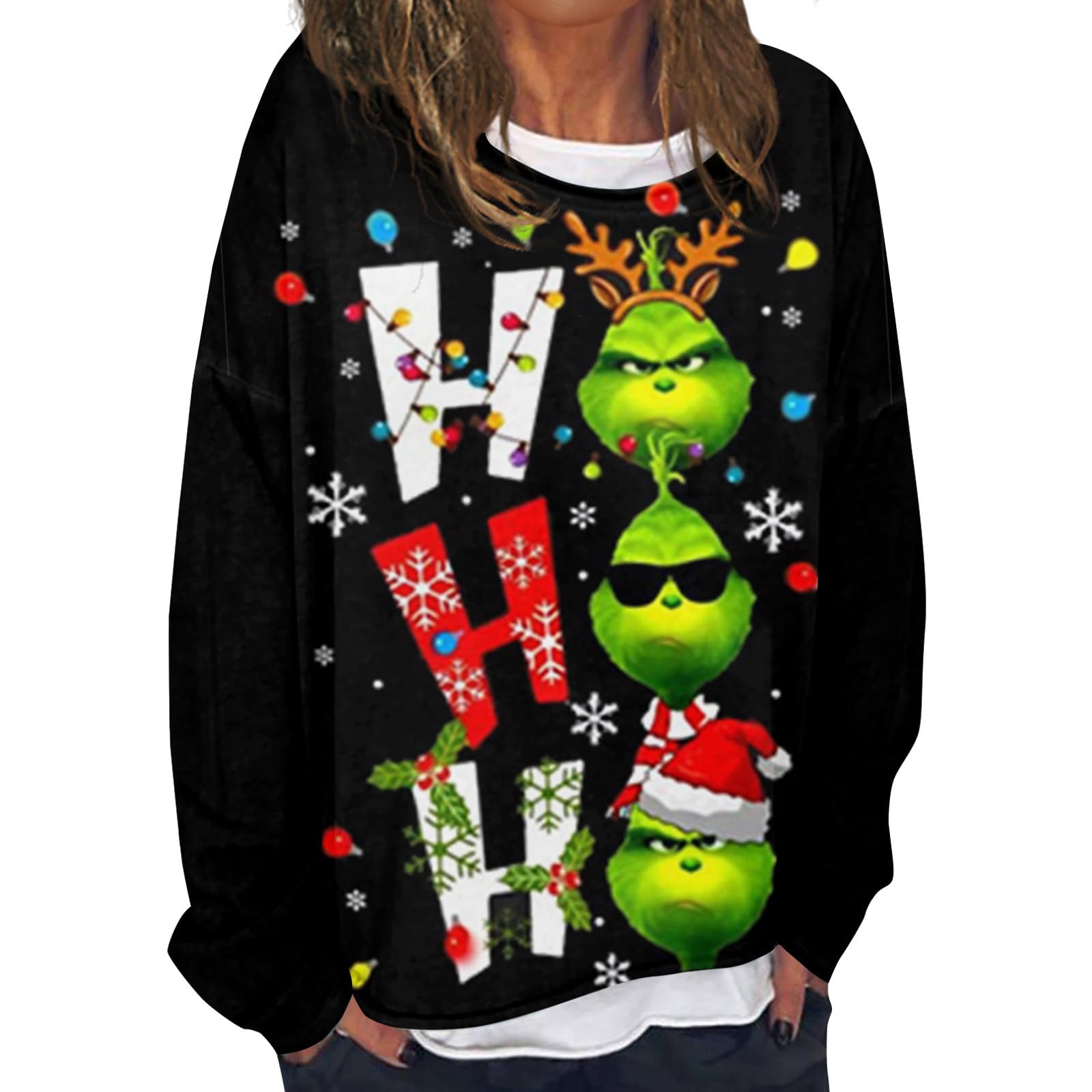 2023 Ugly Green Monster Print Christmas Sweatshirts for Women - Funny Loose Fit Long Sleeve Crewneck Pullover Holiday Sweater | Perfect for Ugly Christmas Parties, Family Gatherings & Festive Office Events