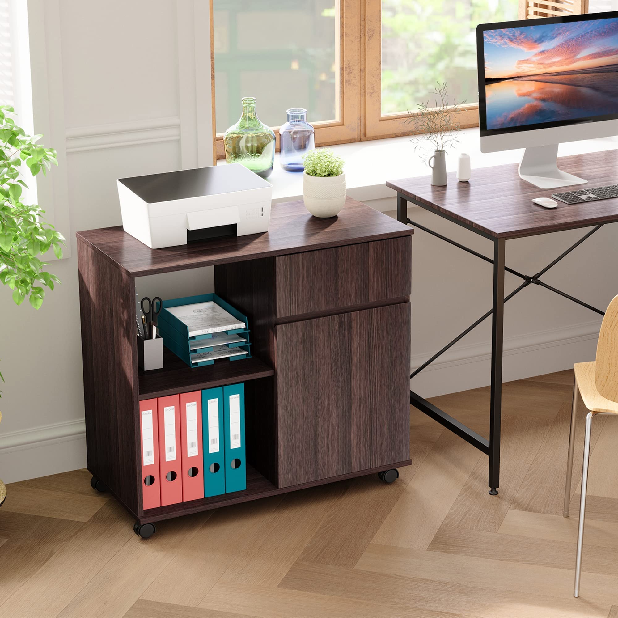 Bestier Wood File Cabinet with Lockable Casters - Mobile Lateral Filing Cabinet & Printer Stand with Open Storage Shelves for Home Office Organization - Perfect for Document Storage, Office Supplies & Workspace Organization (Brown)