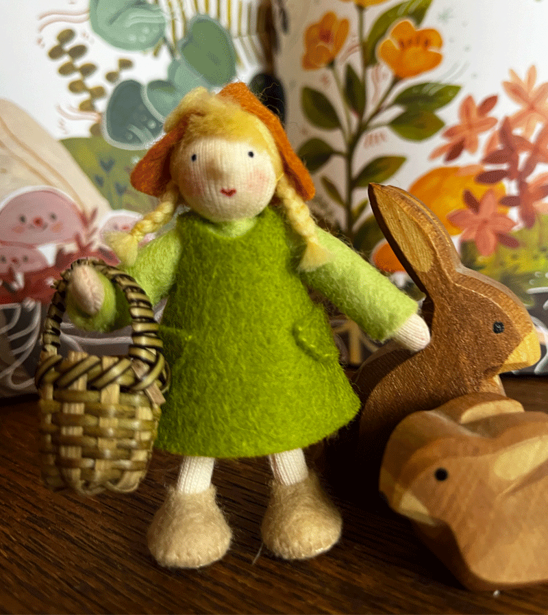 Light Skin Little Girl Gnome with Basket - Waldorf Inspired Felt Doll for Kids Room Decor, Nursery, Christmas Display & Waldorf Toy Collection