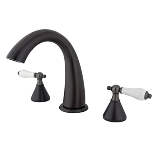 Oil Rubbed Bronze Double Handle Deck Mount Roman Tub Faucet with Porcelain Lever Handles – Perfect for Bathroom Renovation & Luxury Bathtub Installation