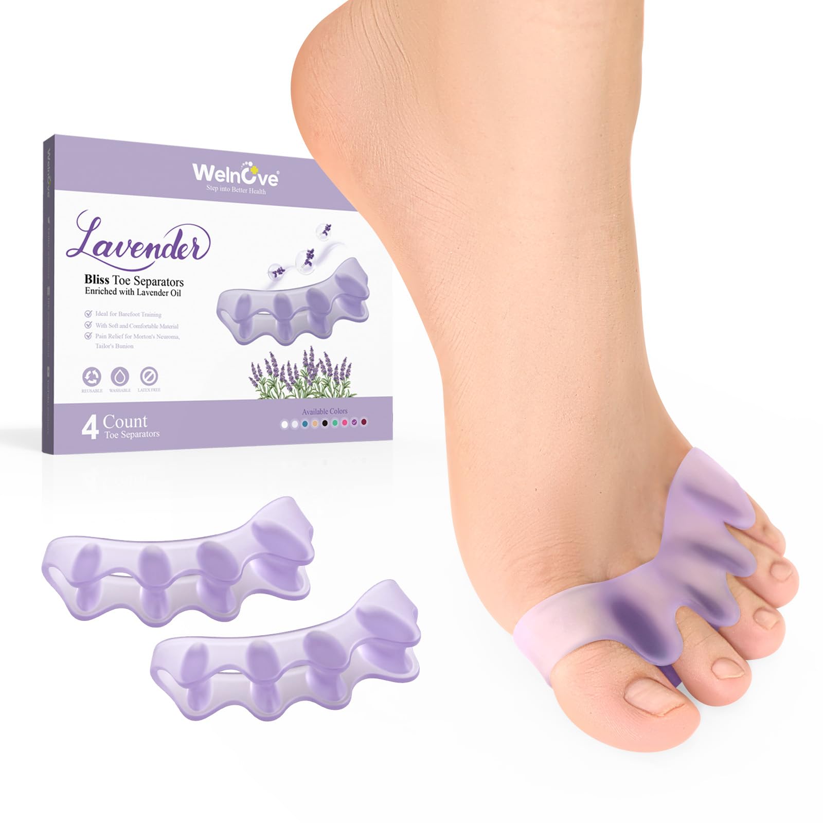 Welnove Toe Separators for Women & Men - Bunion Corrector & Toe Straightener with Lavender Extract - 4 Pack for Yoga, Meditation & Foot Pain Relief