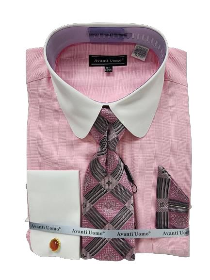 AVANTI UOMO Men's Pink Monotone Glen Check Dress Shirt with Round White Collar & Cuffs - Formal Office Wear & Business Attire DN131M