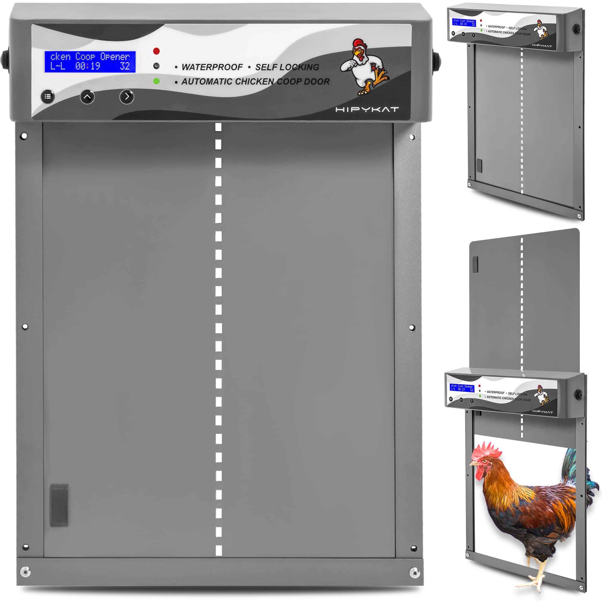 Hipykat Automatic Chicken Coop Door - Solar Powered Electric Opener with Timer & Light Sensor, Weatherproof & Predator Proof Metal Design, Battery Backup & LCD Display - Perfect for Backyard Poultry, Farm Coops & Free Range Chicken Houses