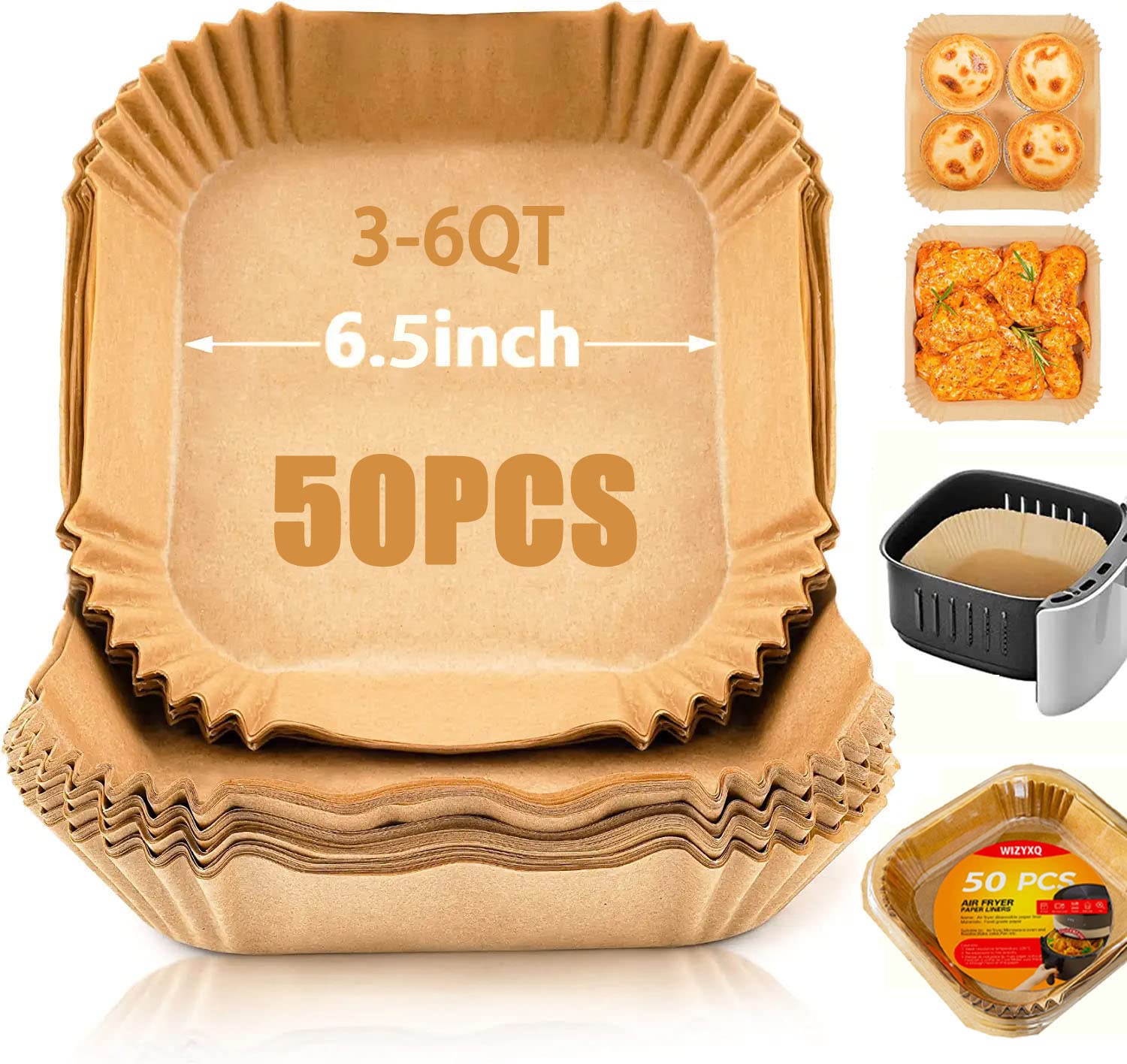 Non-Stick Air Fryer Disposable Paper Liners 6.5 Inch - 50 PCS Square Baking Parchment Sheets for Oil & Water Proof Cooking - Perfect for Air Fryer, Oven & Microwave Use - Easy Cleanup & Healthy Frying